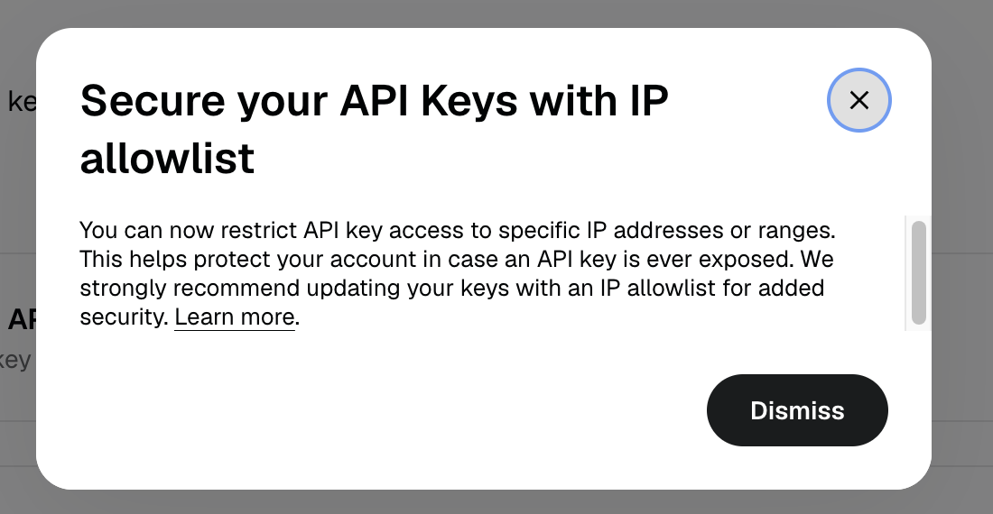 Gemini IP allowlist notification with dismiss option.