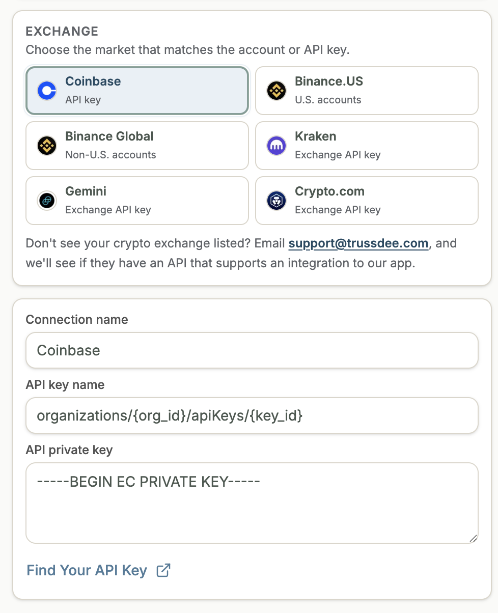 Trussdee form for Coinbase API key name and key.