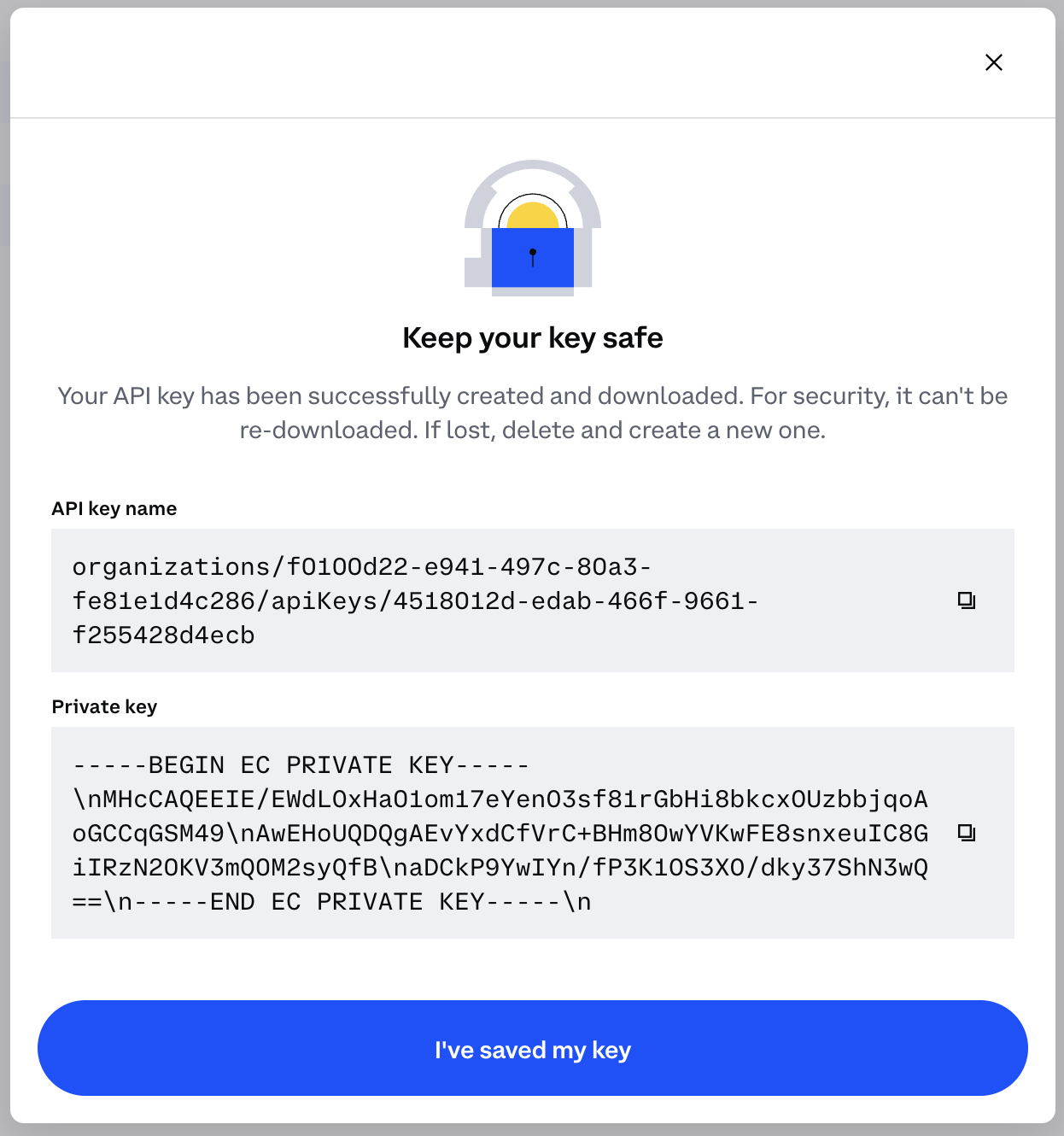 Coinbase key confirmation screen.