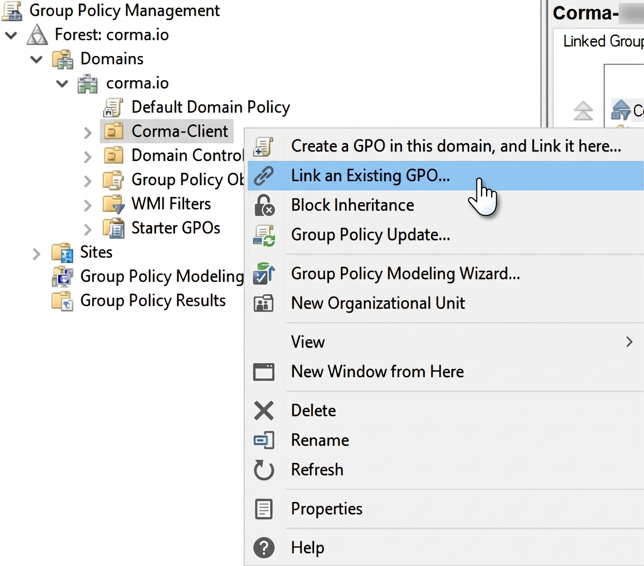 Right-click context menu on Corma-Client OU in Group Policy Management