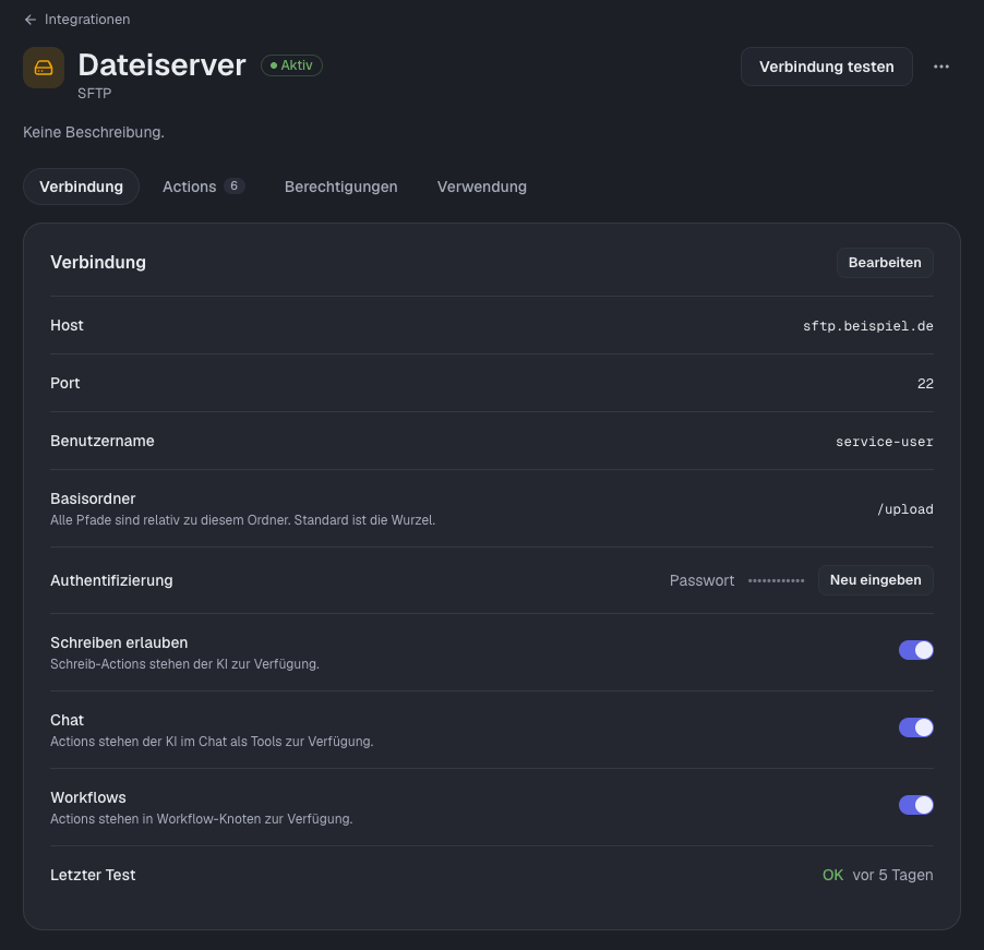Tab Verbindung einer SFTP-Integration mit Freigaben