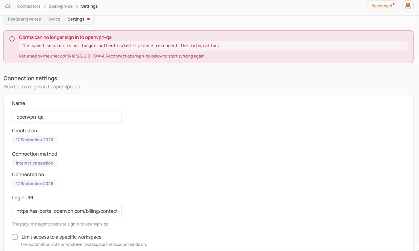 Settings tab for the openvpn-qa connector showing a red error that Corma can no longer sign in, above the connection settings