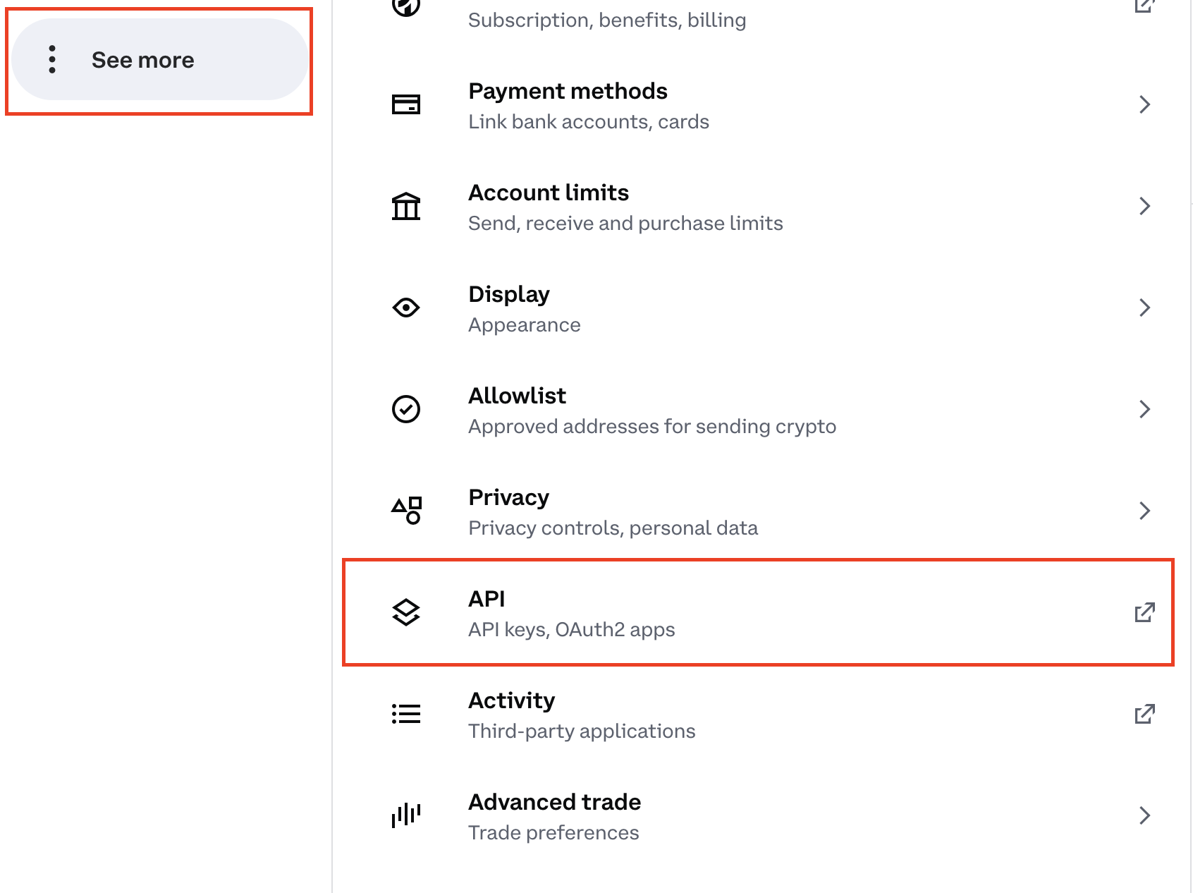 Coinbase Settings page showing See More and API.