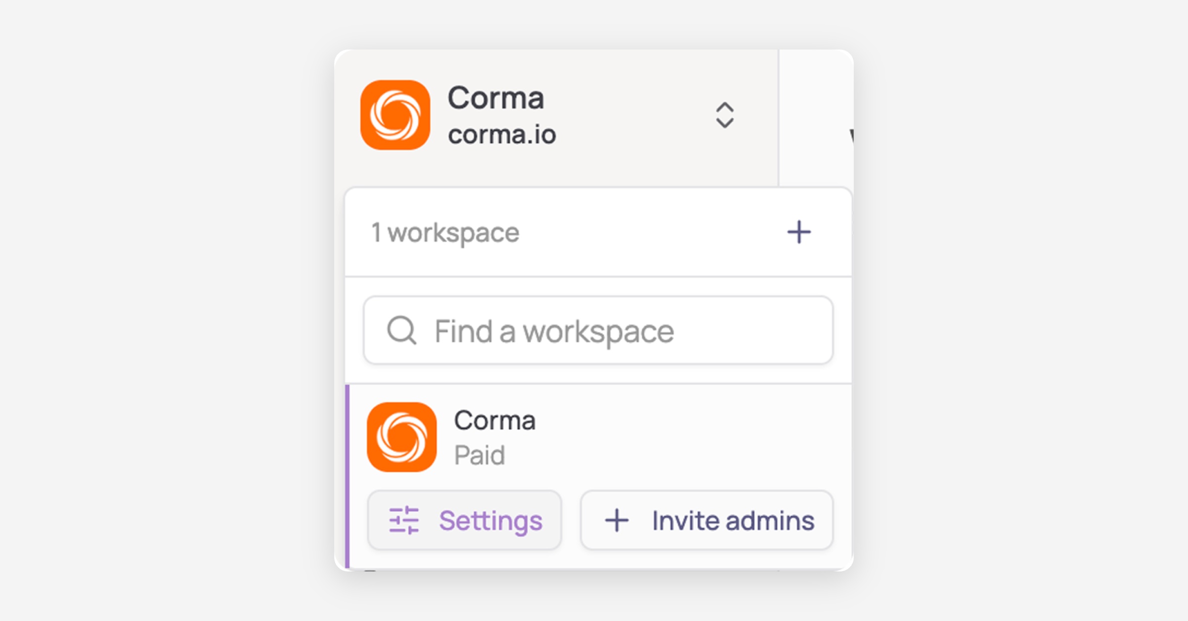 Corma workspace switcher dropdown with Settings and Invite admins options