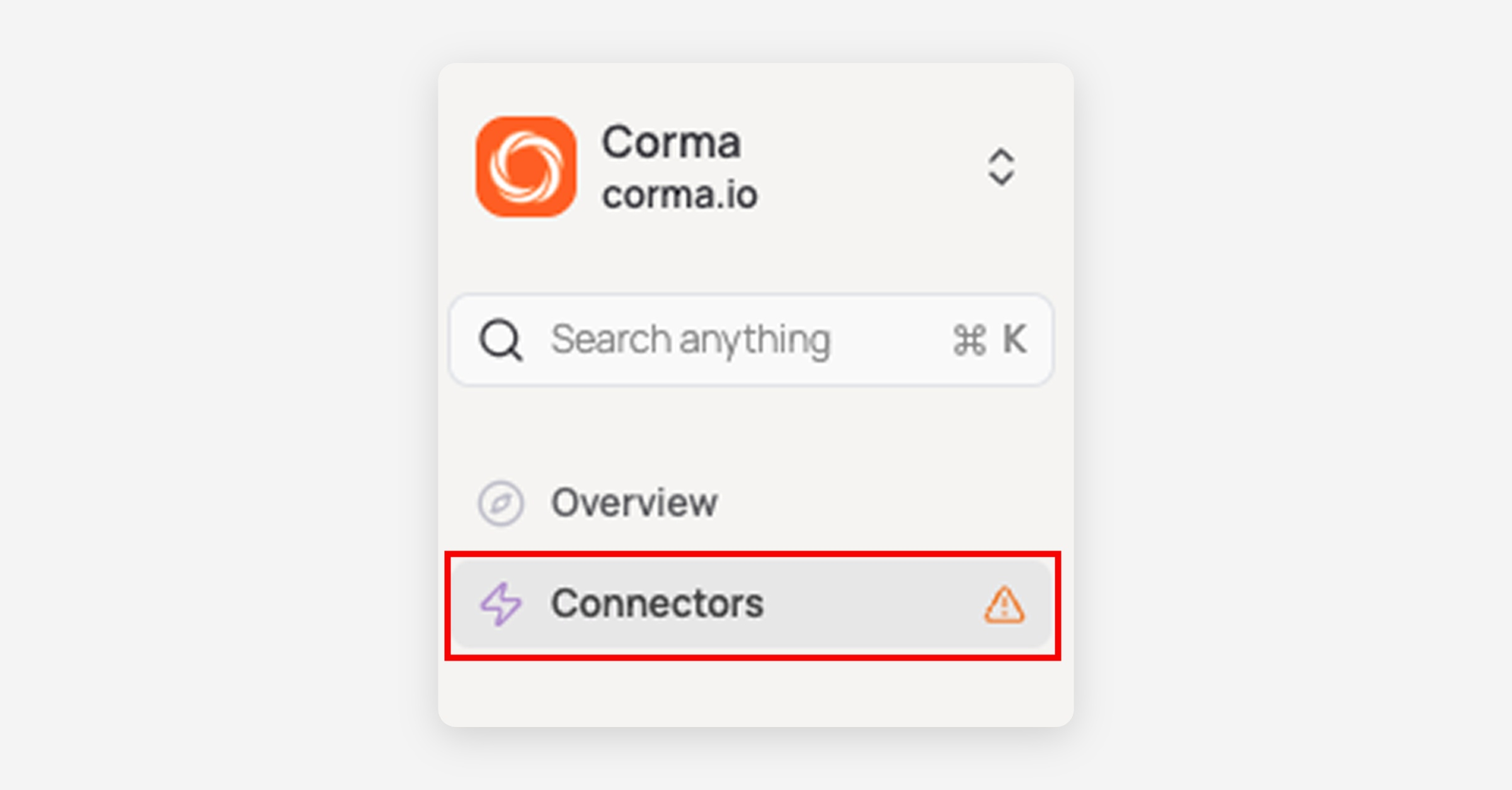 Corma sidebar with Connectors item highlighted and warning icon