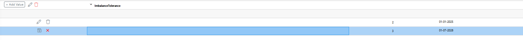 Table editing ImbalanceTolerance values with an active row in edit mode