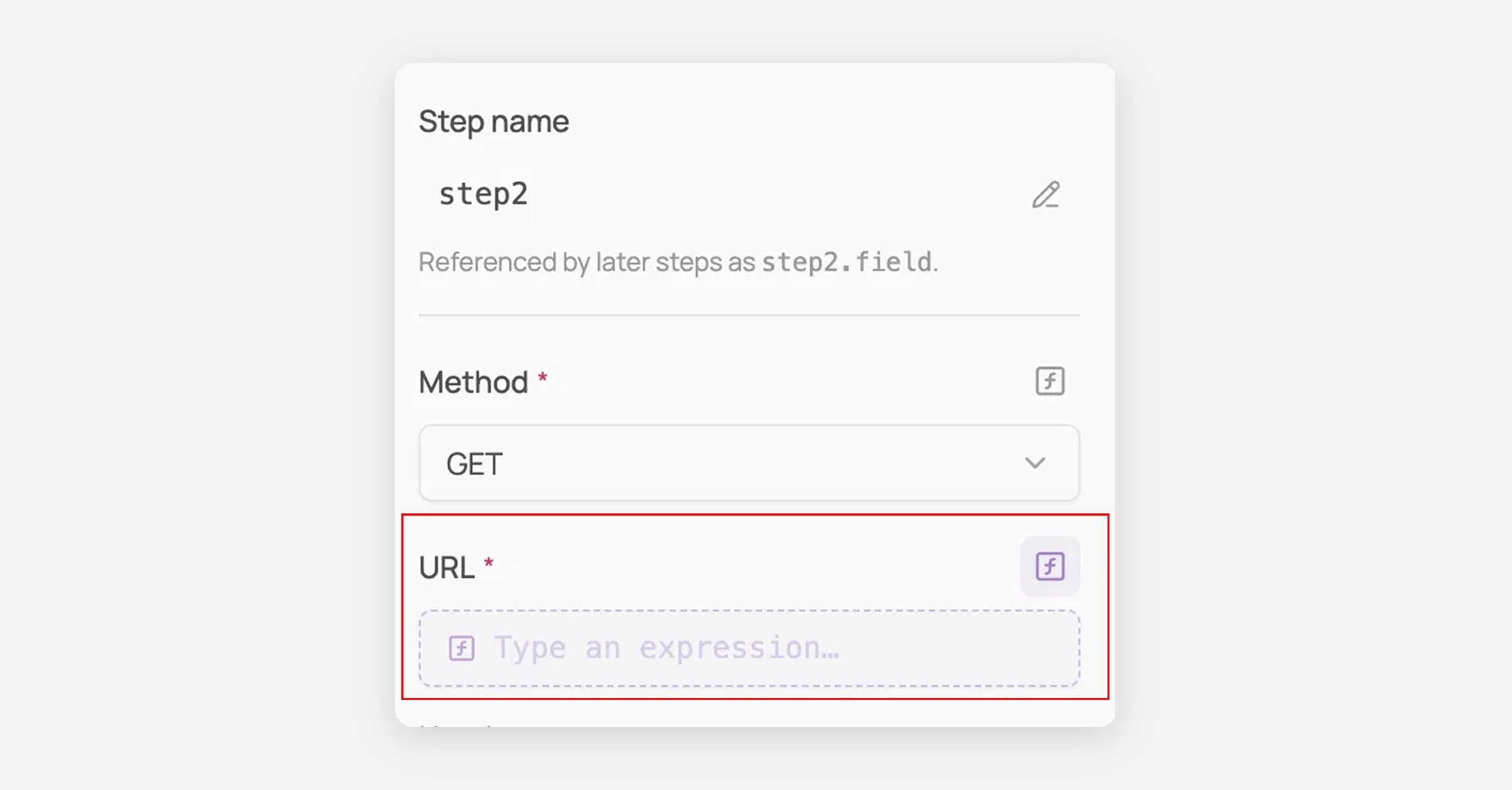 Step configuration panel with Step name, Method, and URL fields, URL field highlighted