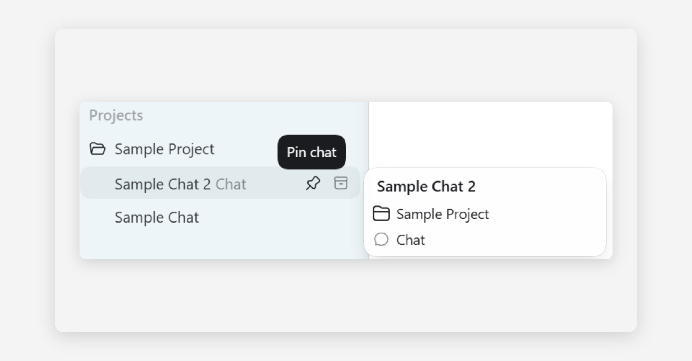 Projects sidebar showing a chat item with pin and archive icons, and a preview panel