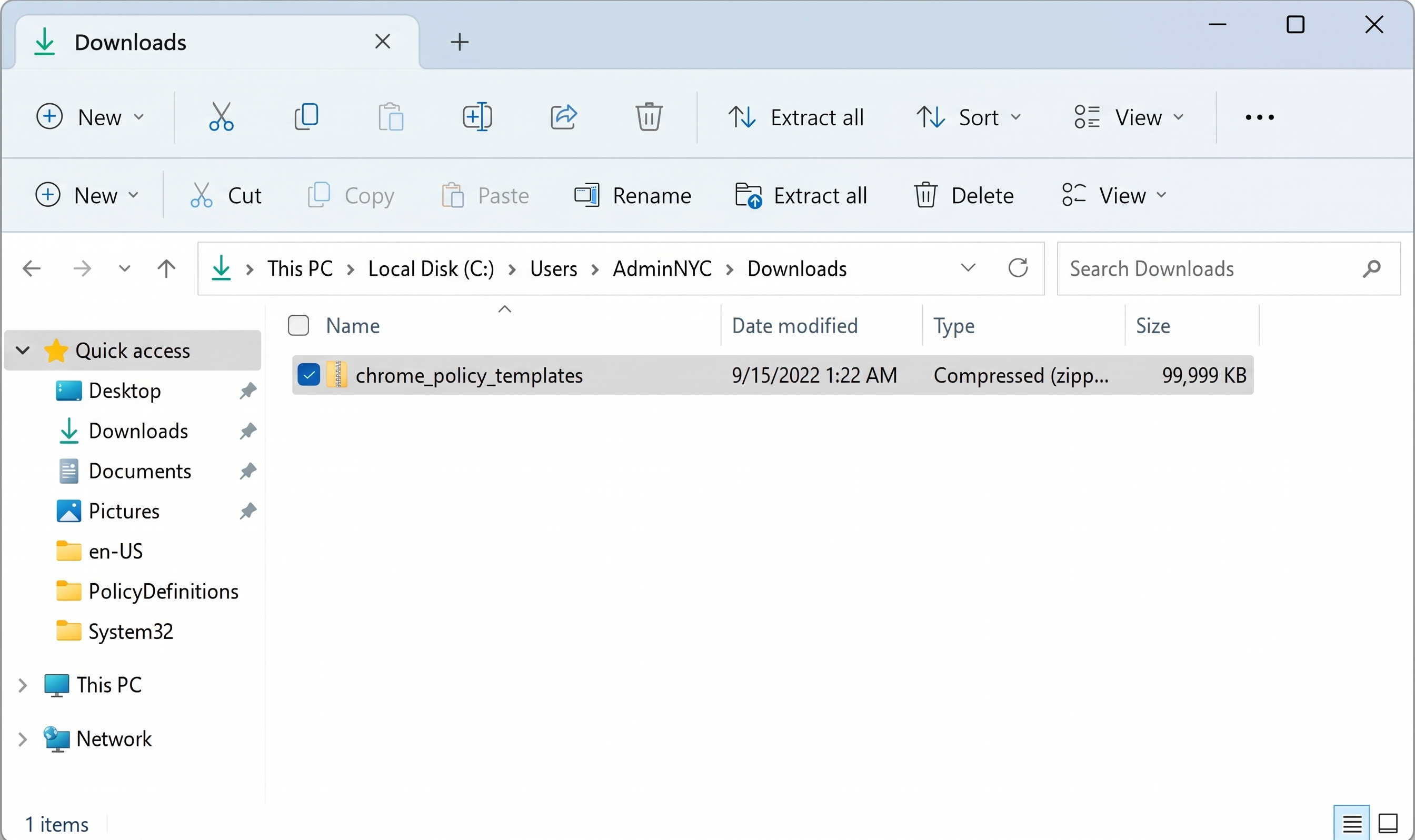 Windows File Explorer showing the chrome_policy_templates zip file in the Downloads folder