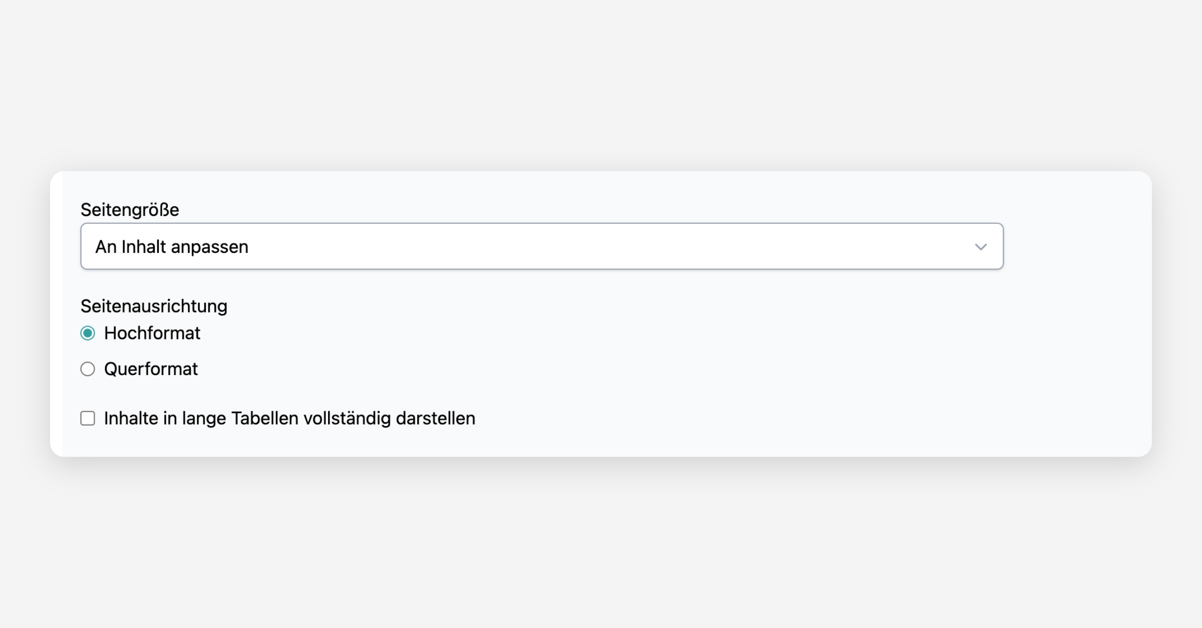 Page setup panel with page size dropdown and orientation options in German