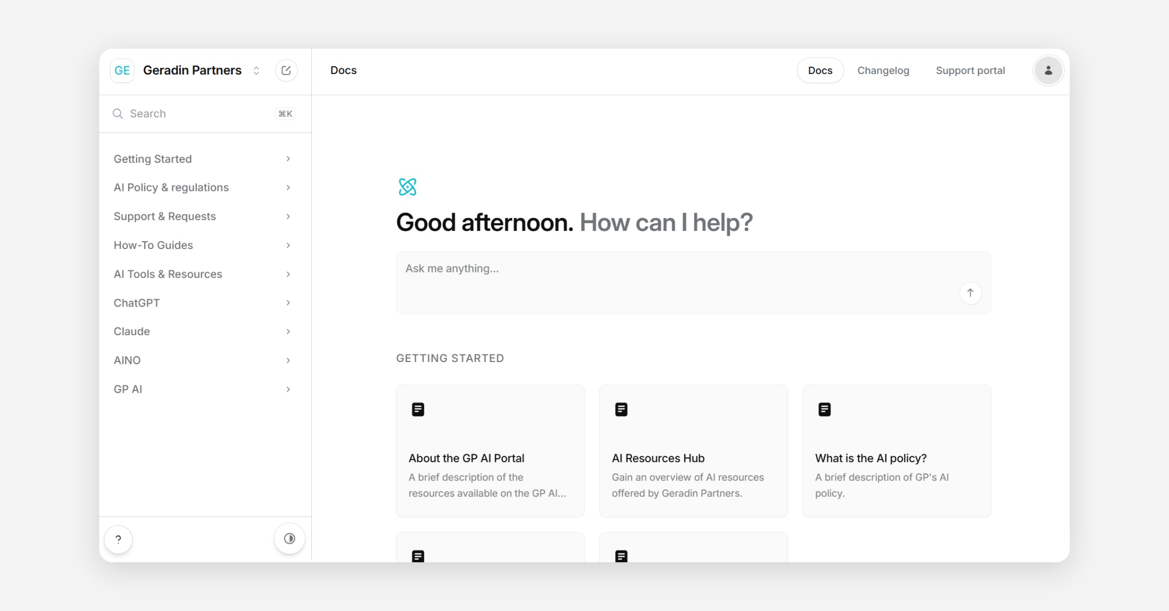 Geradin Partners GP AI Docs home page with AI chat assistant and Getting Started articles