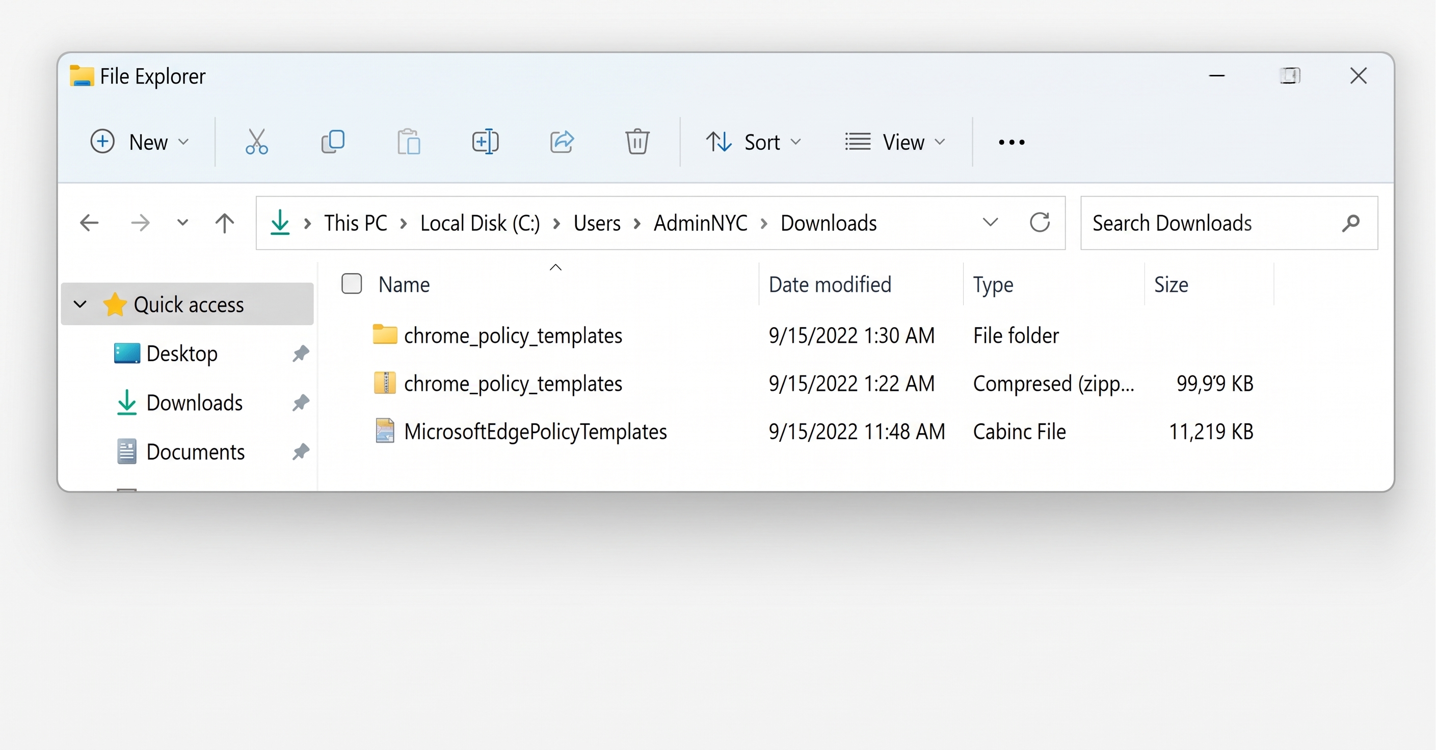 File Explorer showing the Downloads folder with Chrome and Edge policy template files