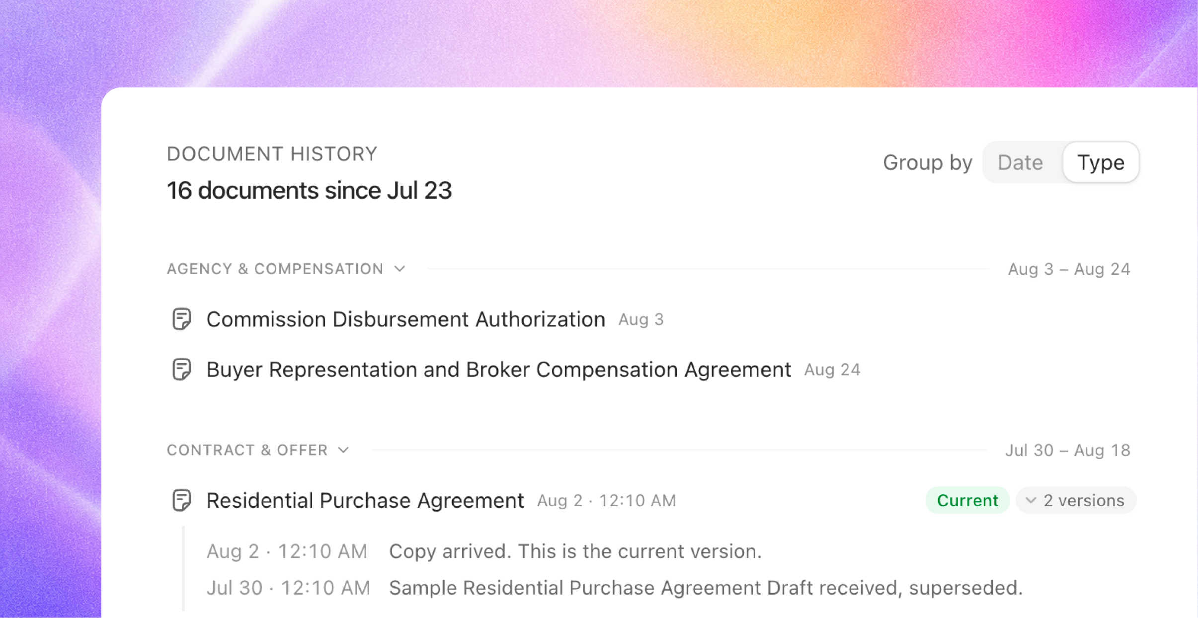 Document History panel grouped by type showing agency and contract documents