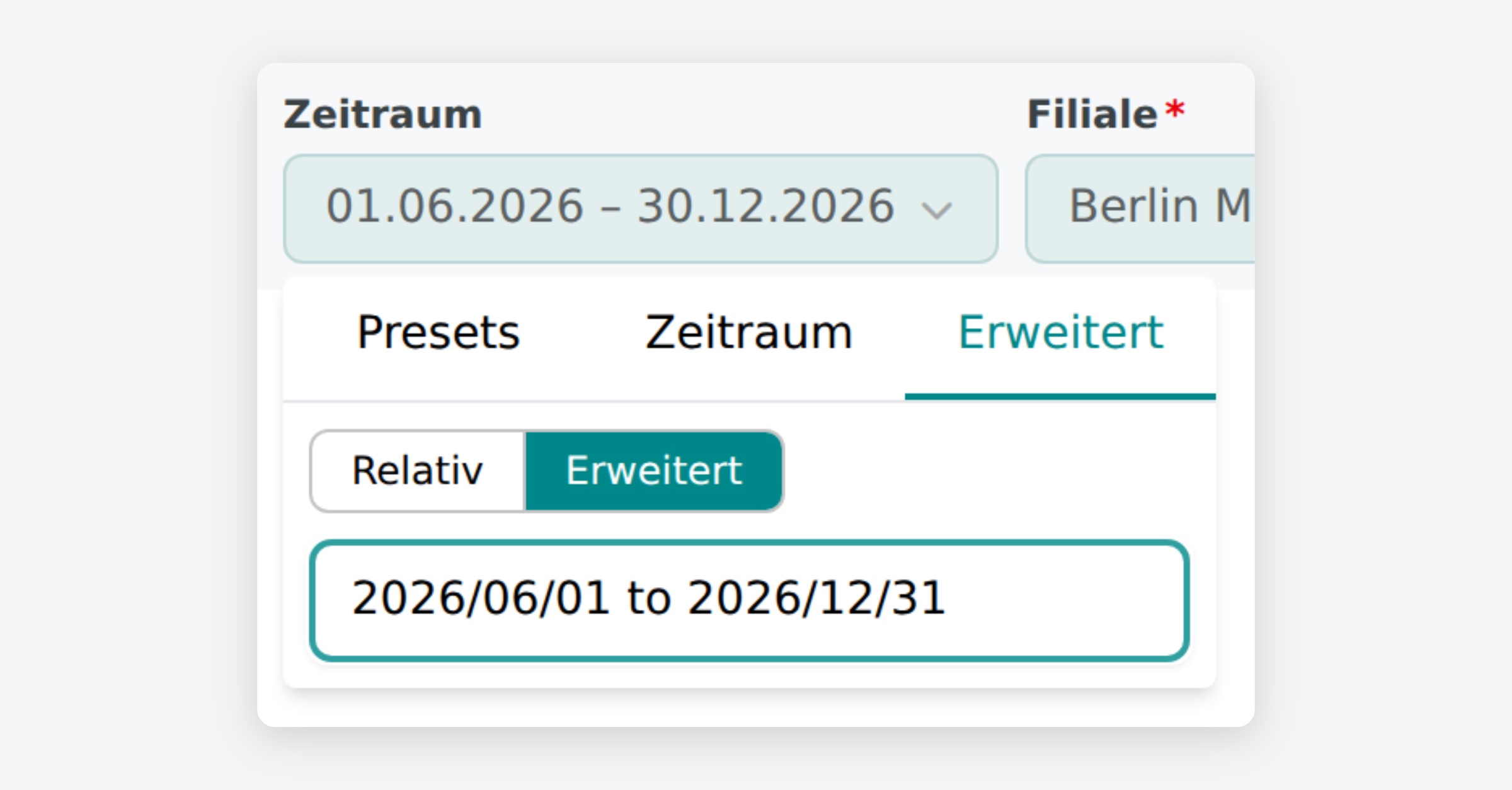 German date-range selector with the expanded advanced date option selected