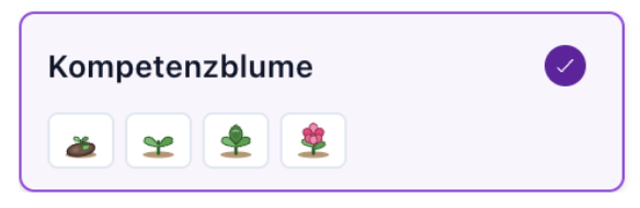 Selected card titled Kompetenzblume with a checkmark and four plant growth stage icons