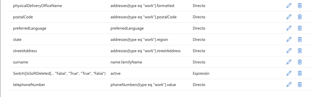Attribute mapping table with source, target, and mapping type columns