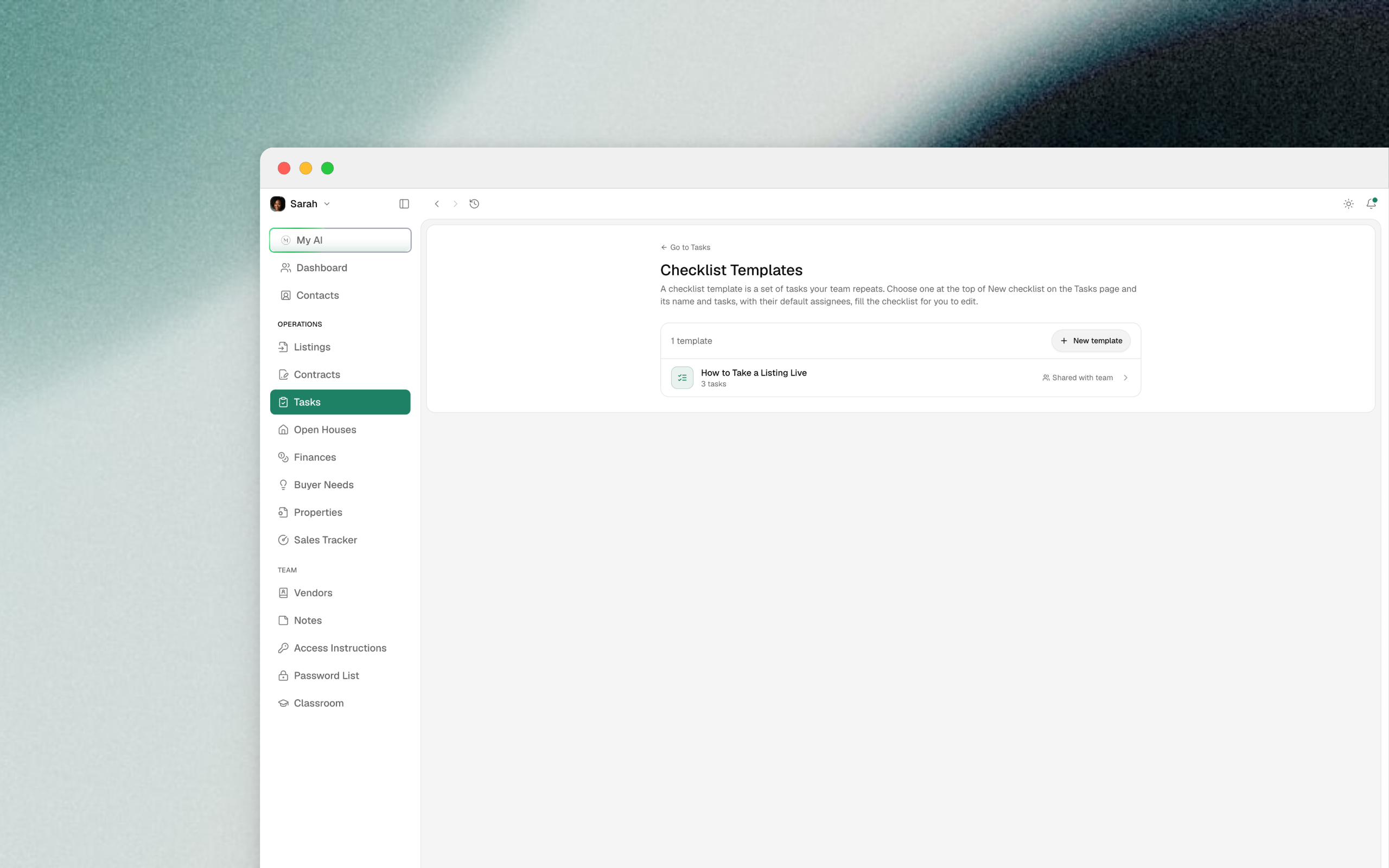 Checklist Templates page listing one template, How to Take a Listing Live