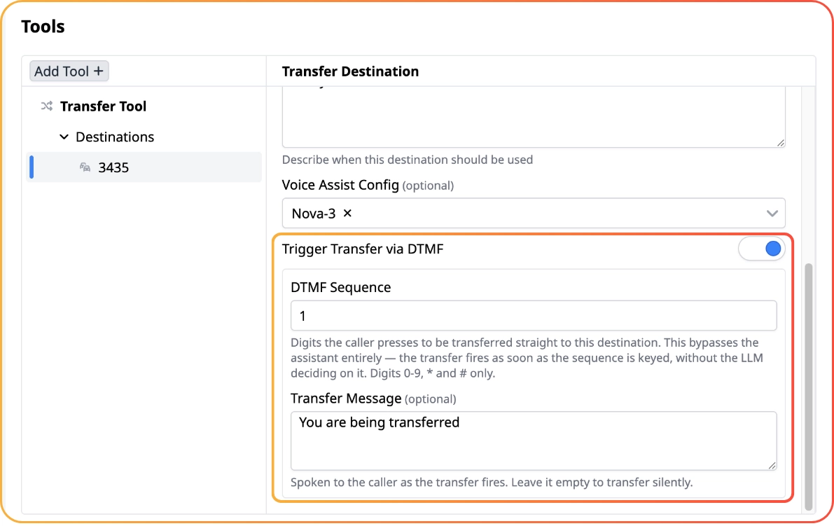 Transfer tool destination settings with DTMF trigger enabled