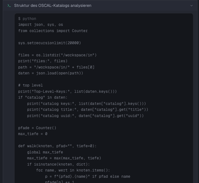 Aufgeklappter Code-Schritt in der Aktivitätsansicht mit dem ausgeführten Python-Programm