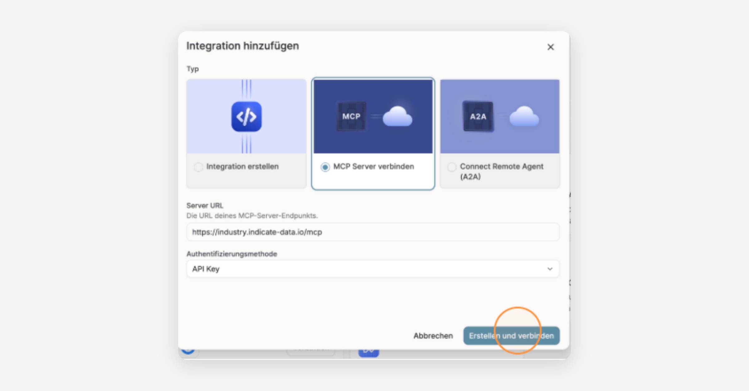 Integration hinzufügen dialog with MCP Server verbinden selected
