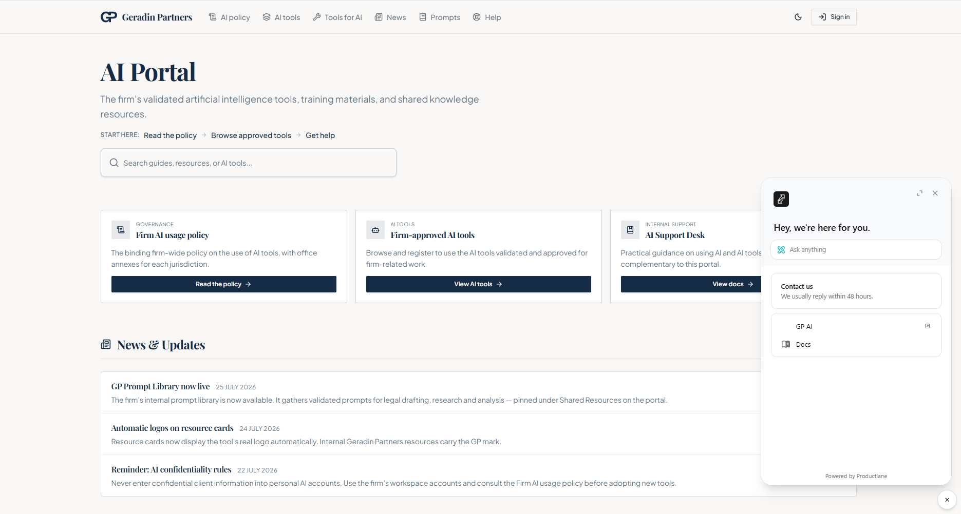 Geradin Partners AI Portal homepage with support widget open