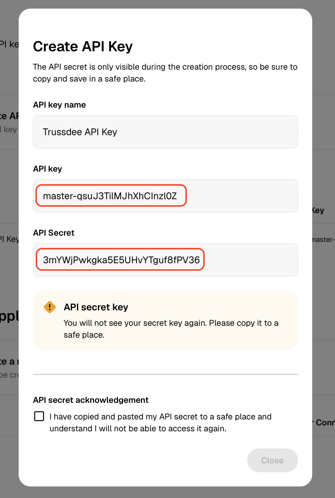 Gemini API key confirmation dialog showing the API key and secret.