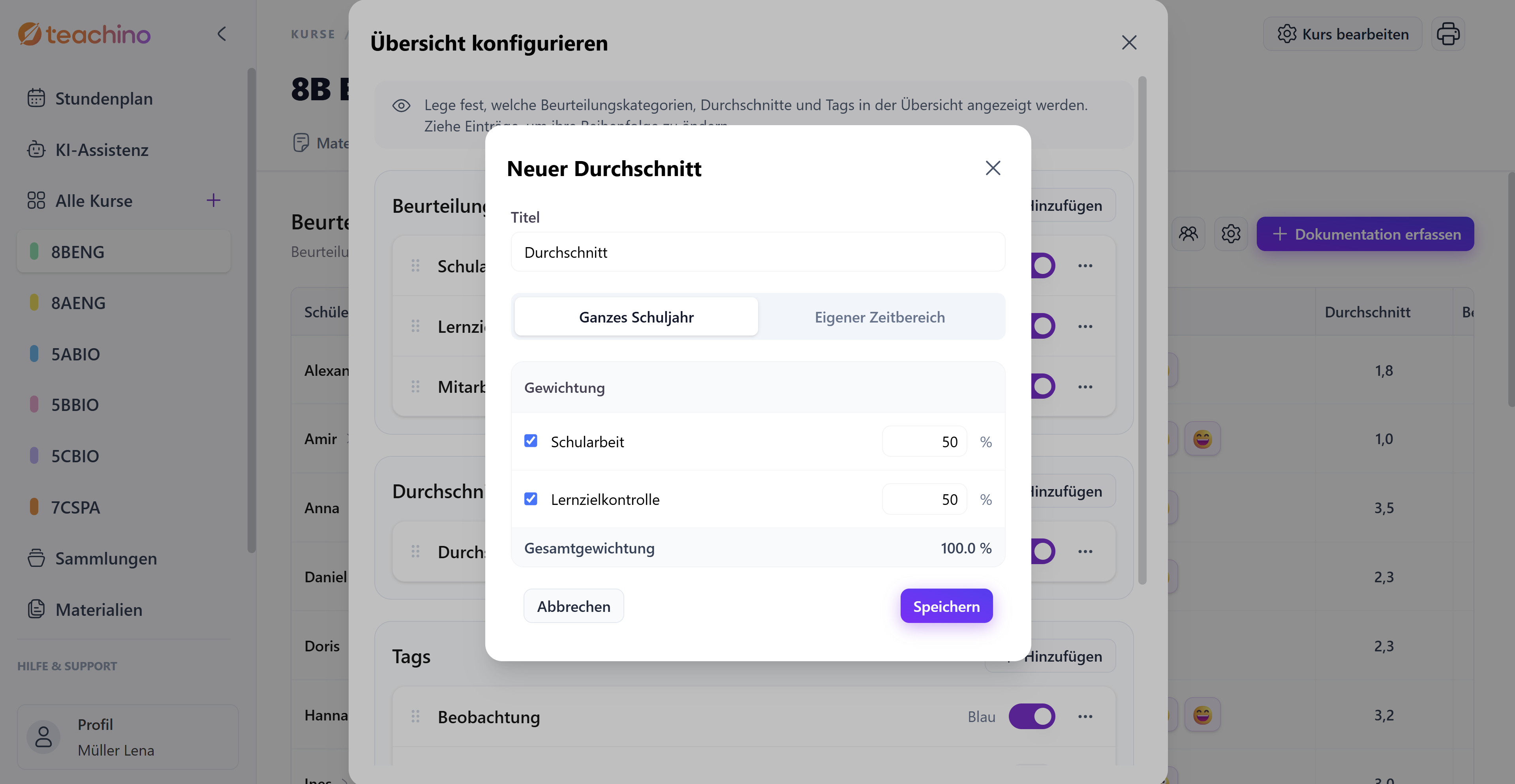 Neuer Durchschnitt dialog for configuring a weighted average in Teachino