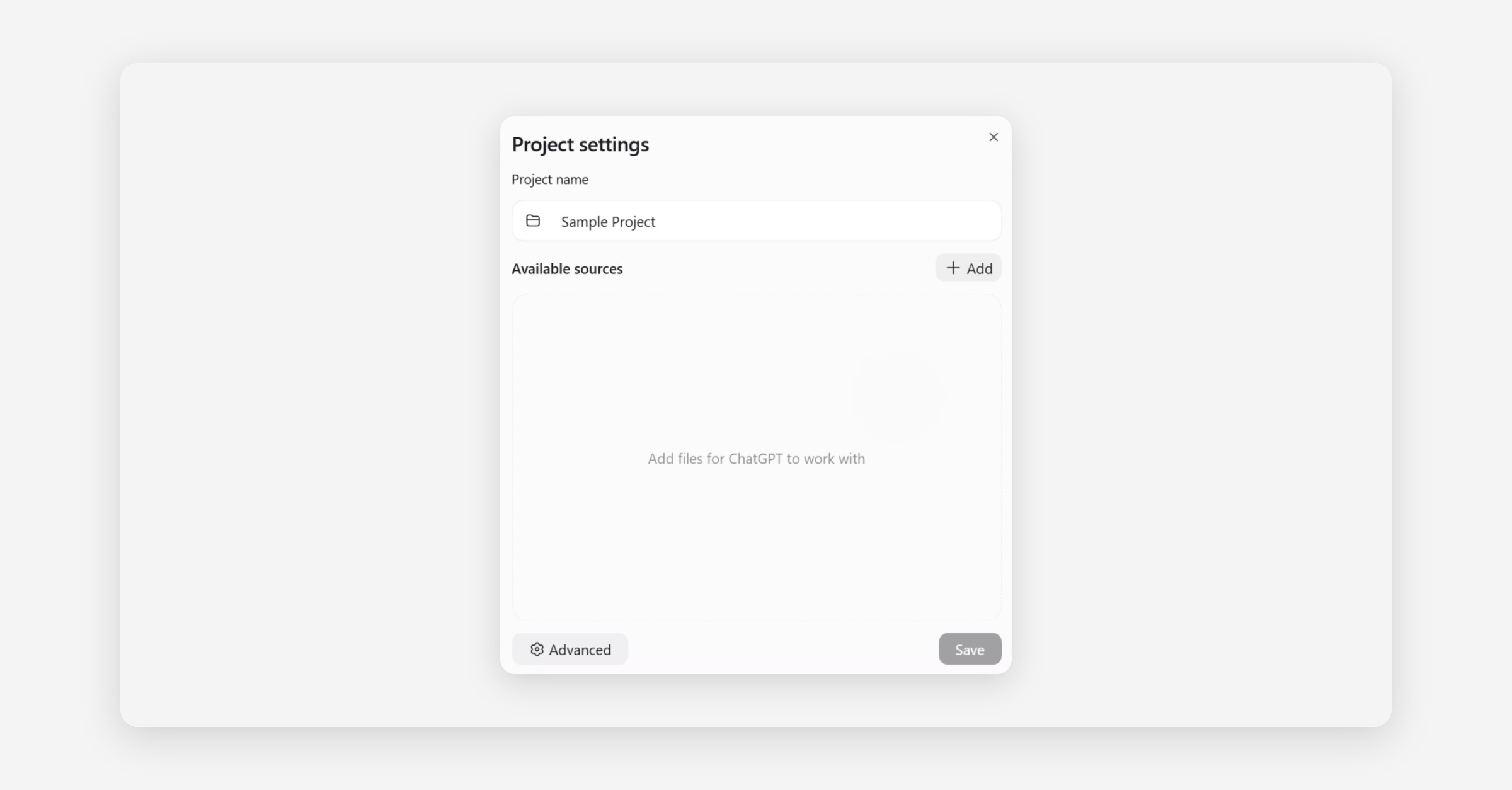 Project settings dialog with name field and available sources area