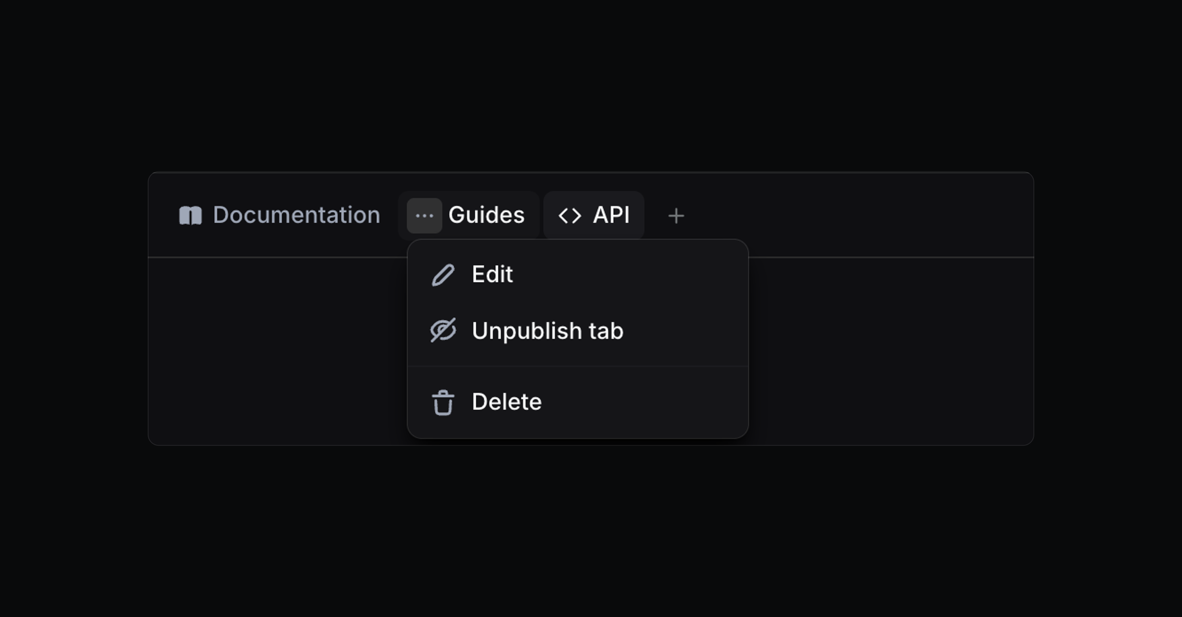 The tab menu for Guides, with Edit, Unpublish tab and Delete