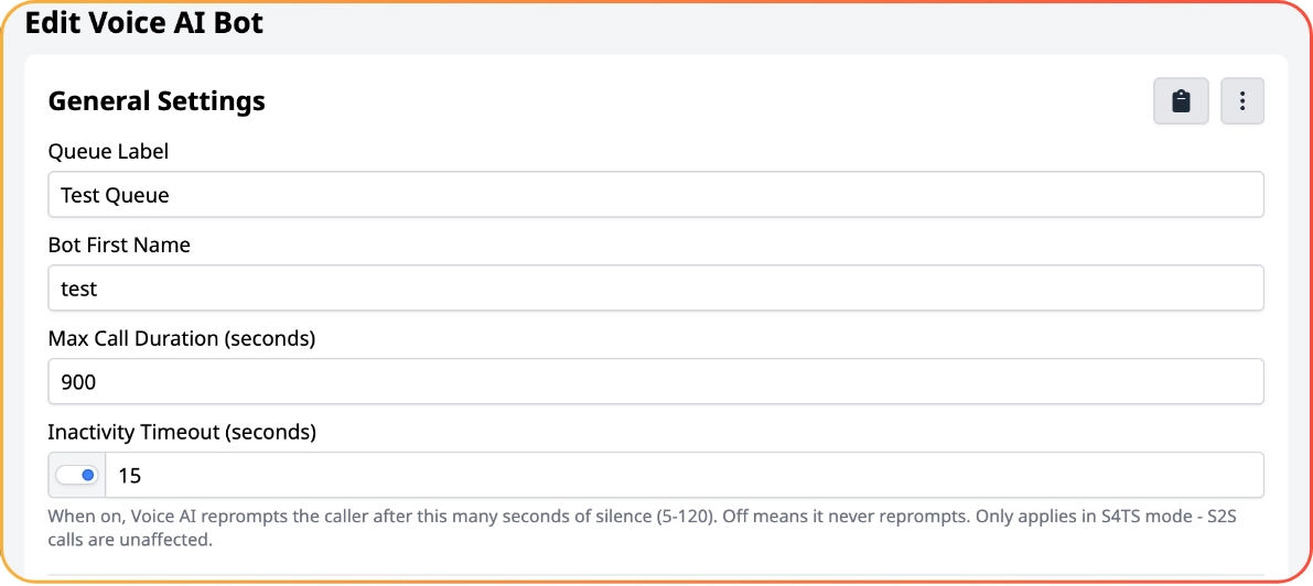 Edit Voice AI Bot general settings form
