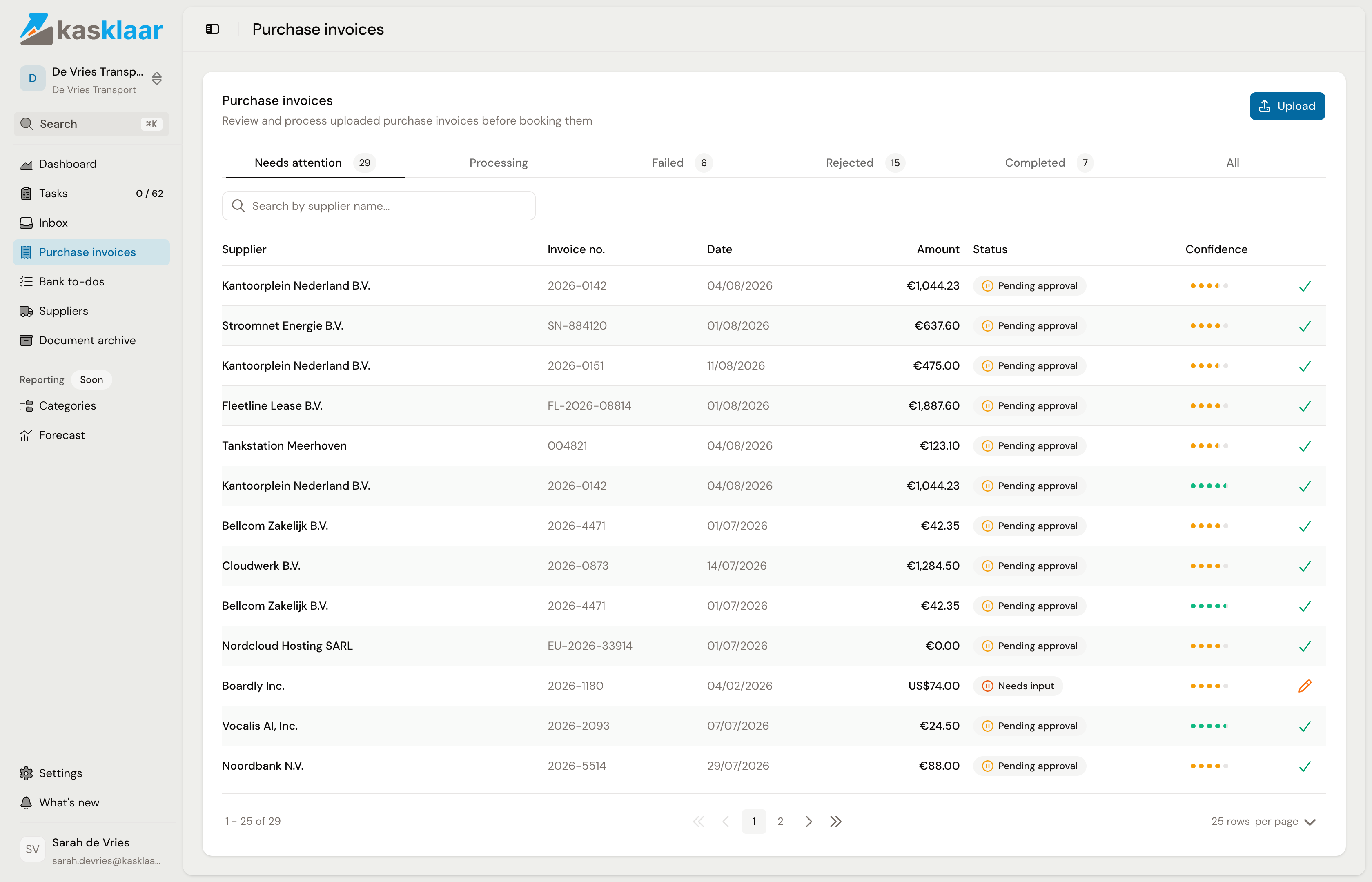 The purchase invoices list, with the Needs attention and Processing tabs and a freshly uploaded invoice