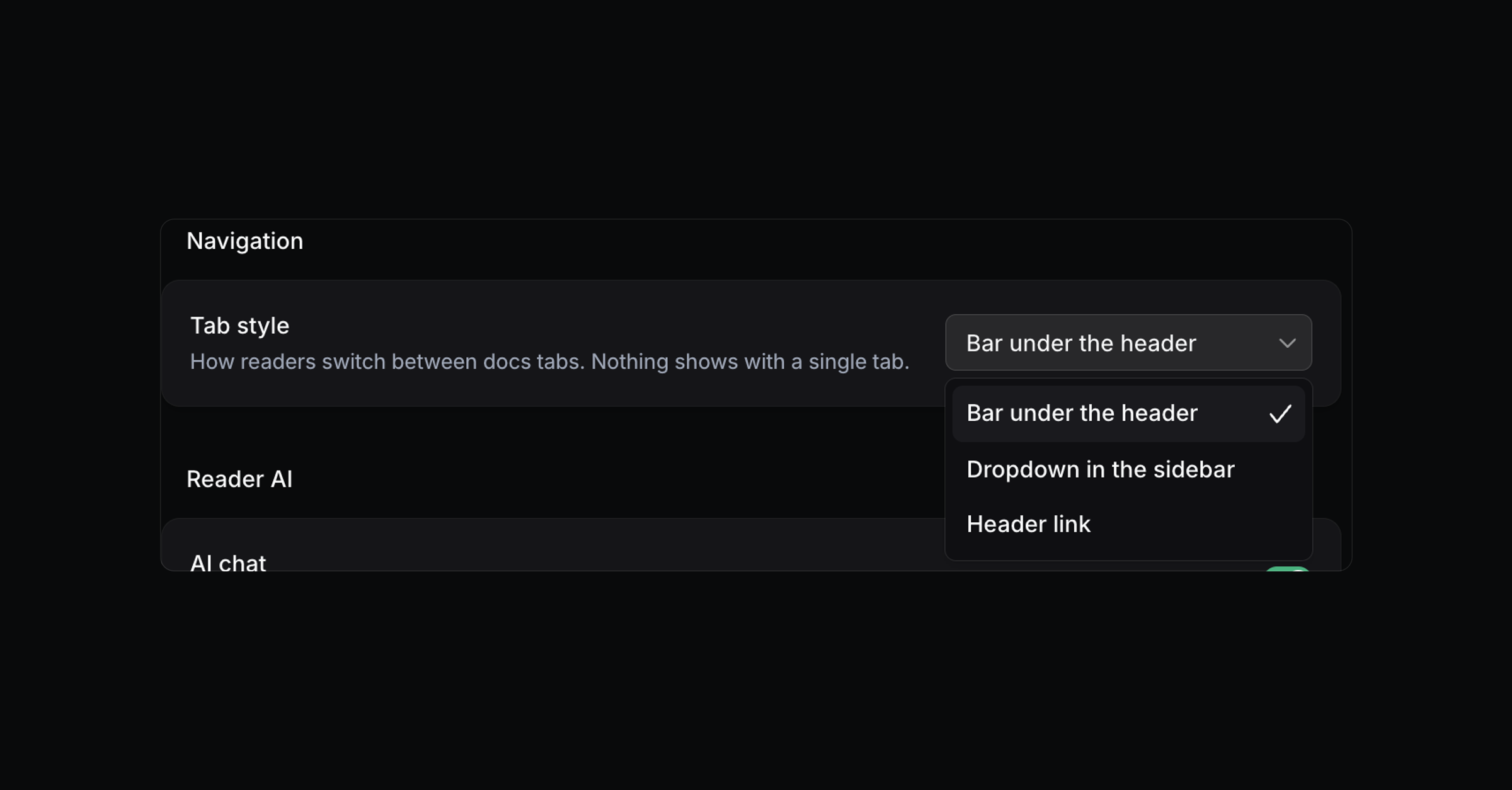 The Tab style setting open, with Bar under the header, Dropdown in the sidebar and Header link