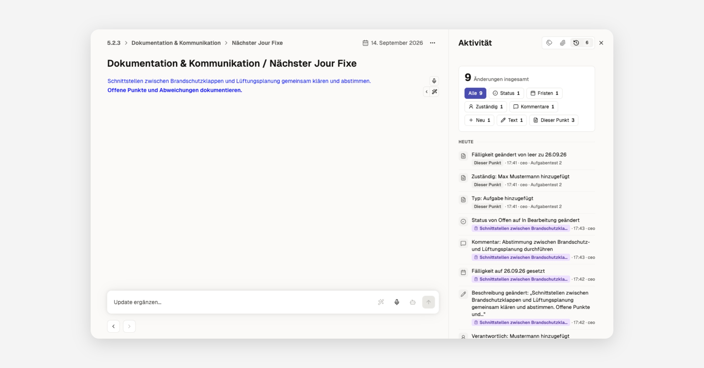 Task detail panel with activity log for "Nächster Jour Fixe"