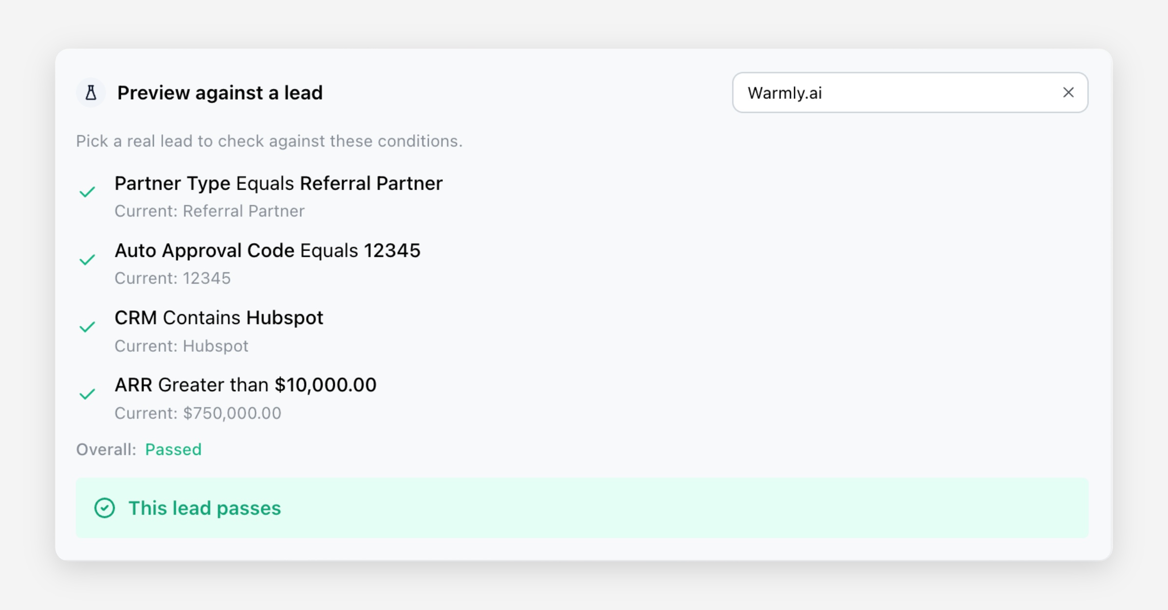 Preview against a lead panel showing a lead passing all conditions