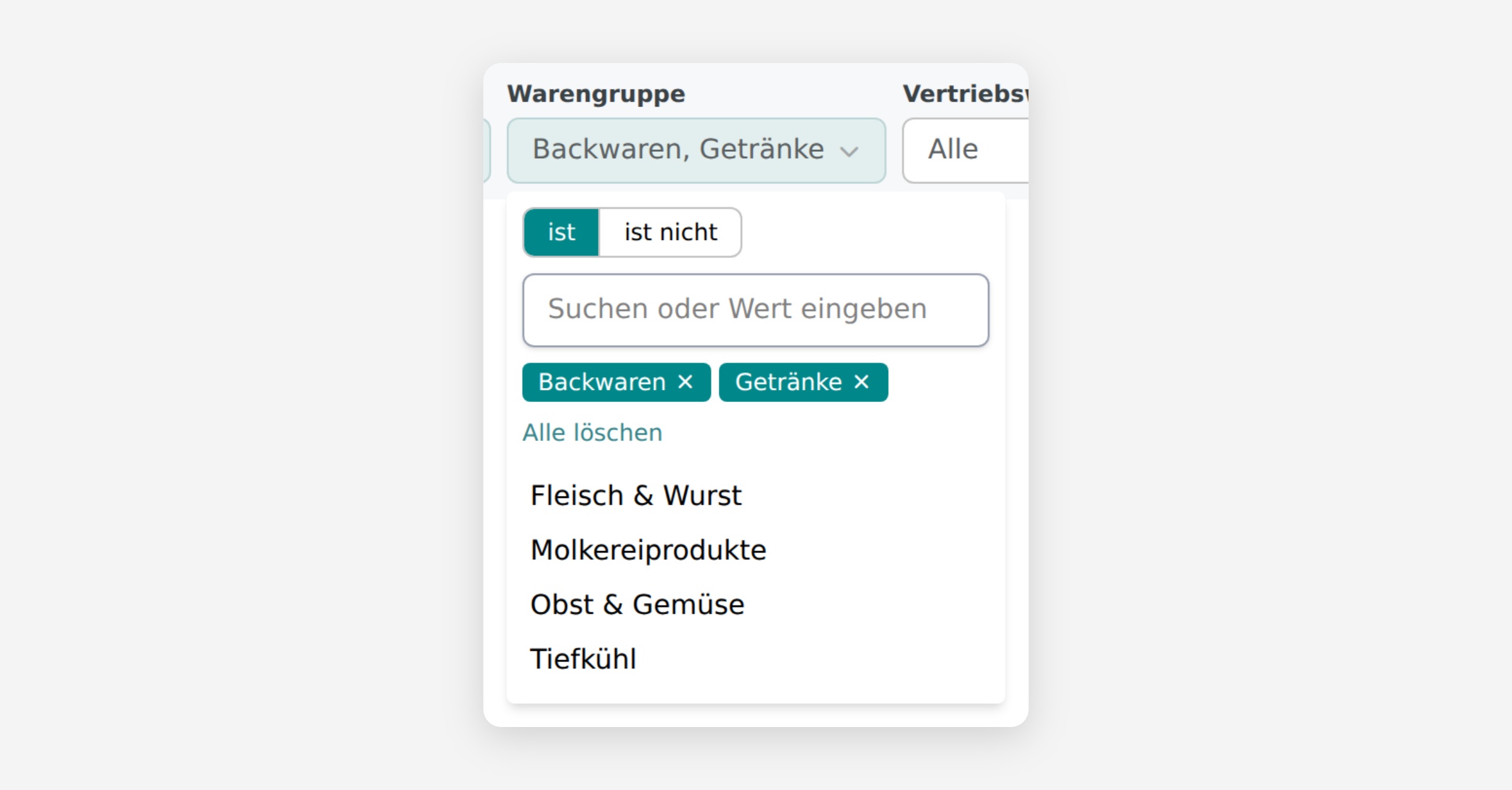 Warengruppe filter dropdown with multi-select tags and options