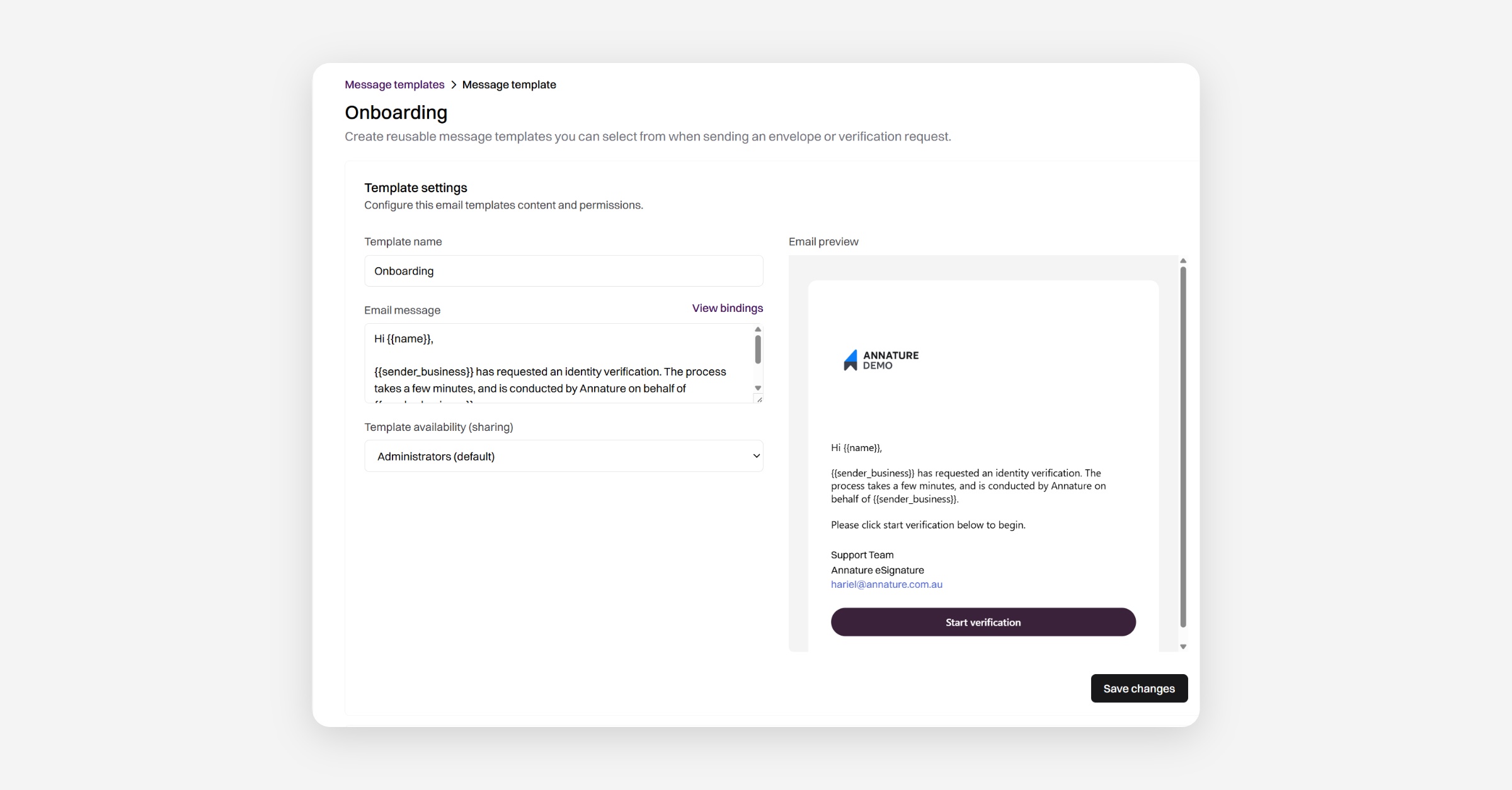 Message template editor for the Onboarding email template