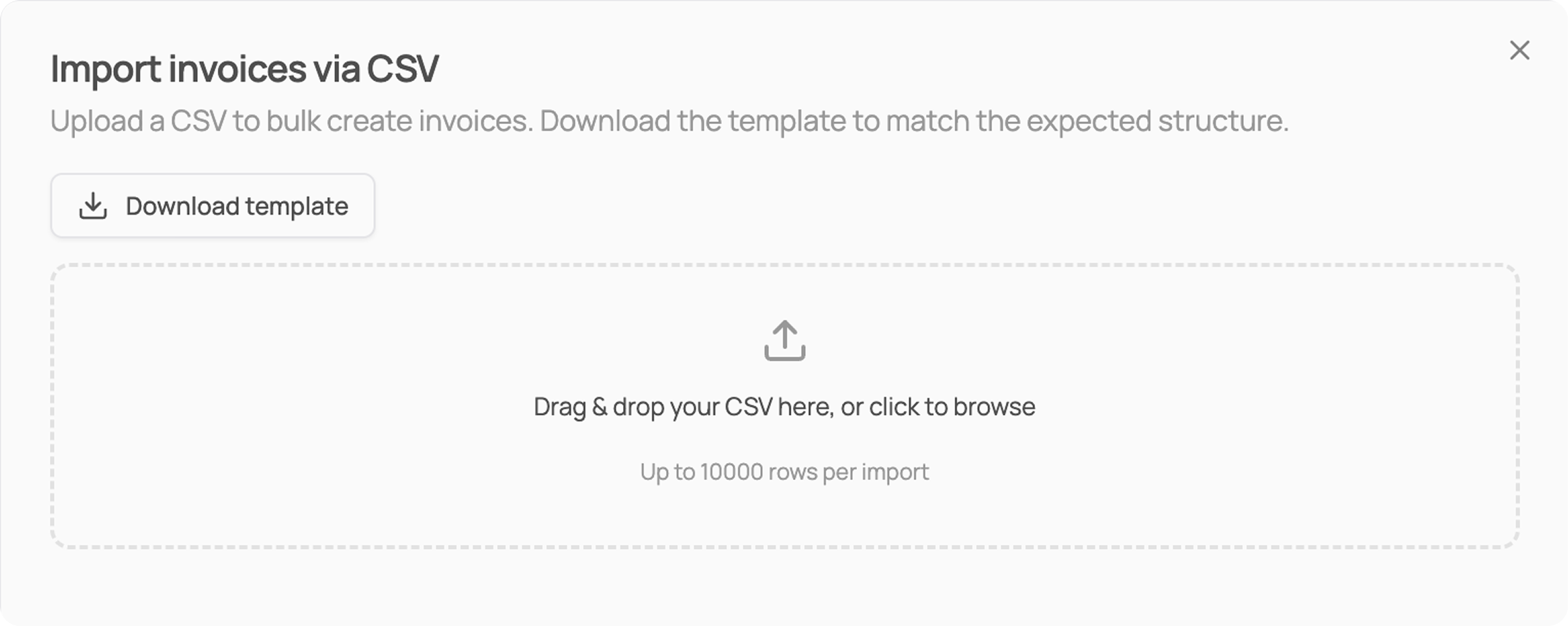 Import invoices via CSV dialog with a Download template button and a drag and drop upload area