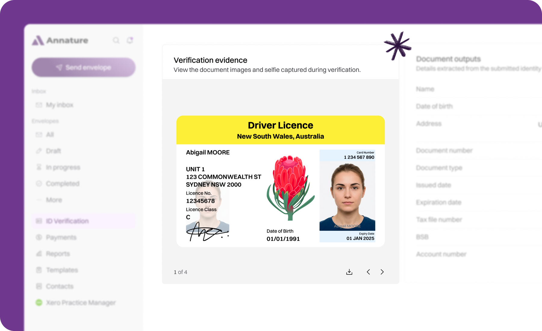 Annature ID Verification screen showing a driver licence as verification evidence