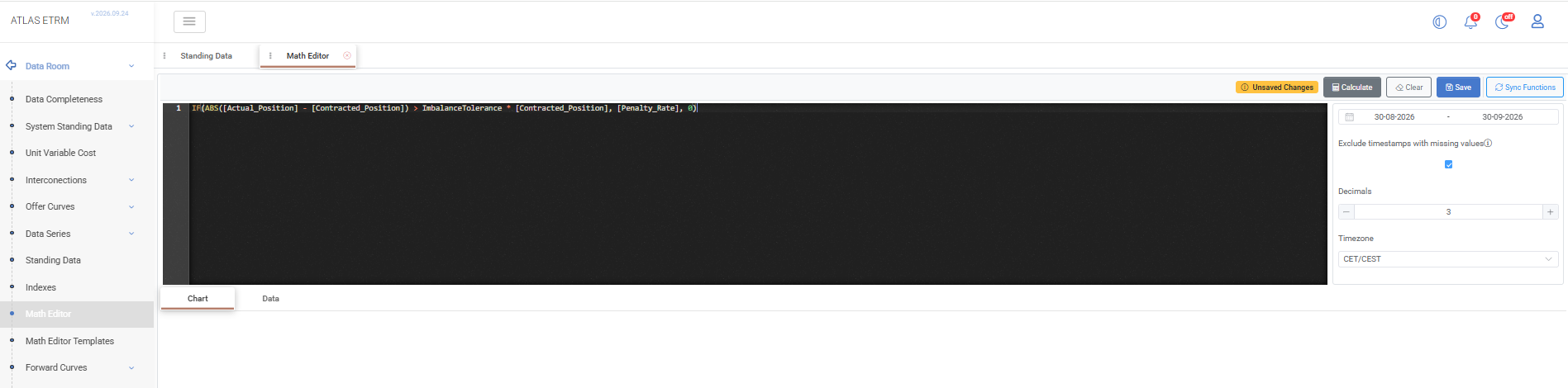 Math Editor screen in Atlas ETRM with an imbalance penalty formula