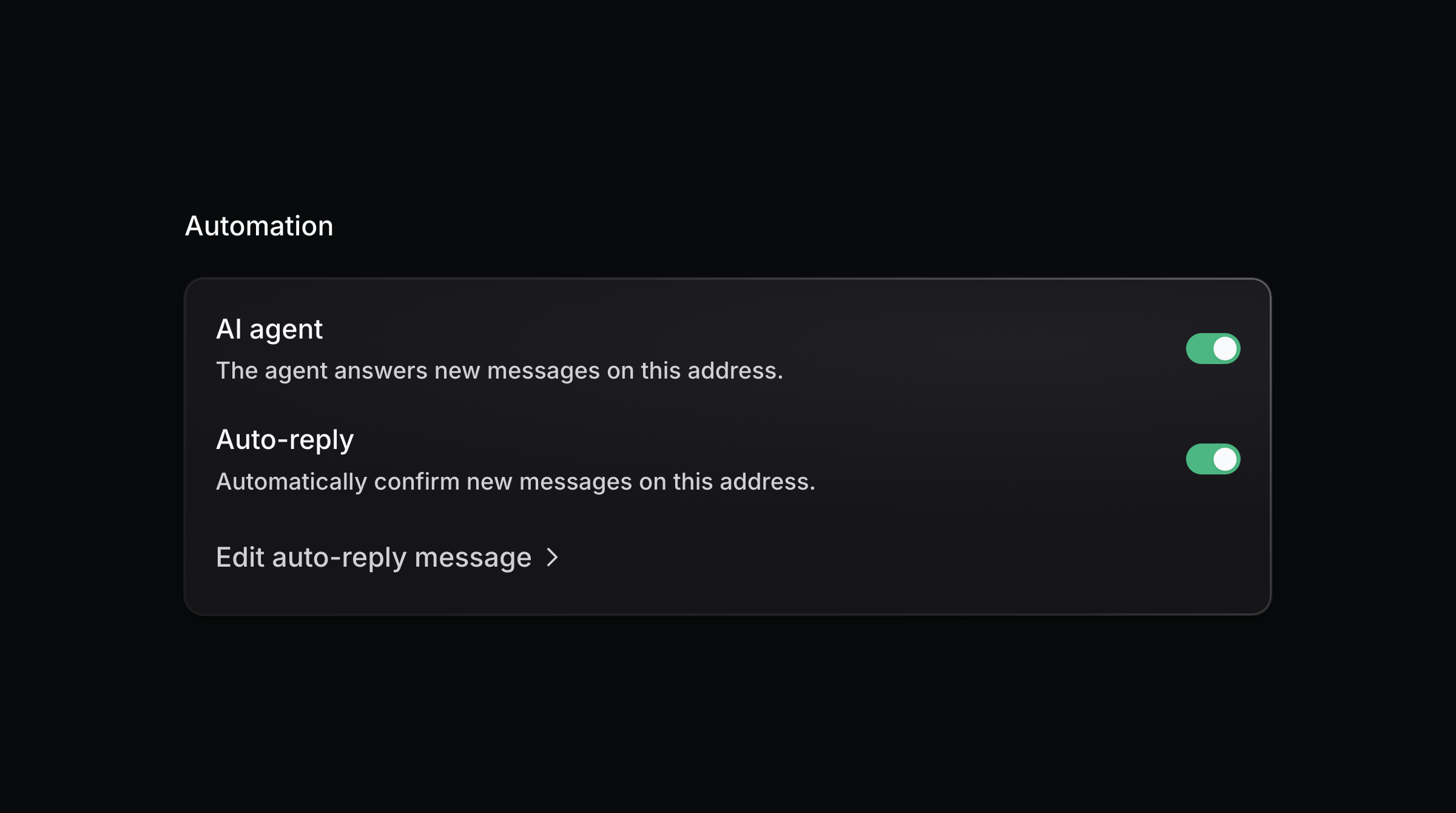 Automation settings panel with AI agent and auto-reply toggles
