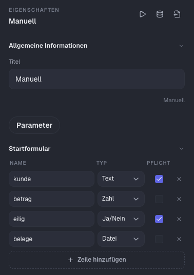Trigger Manuell mit Startformular aus vier Feldern