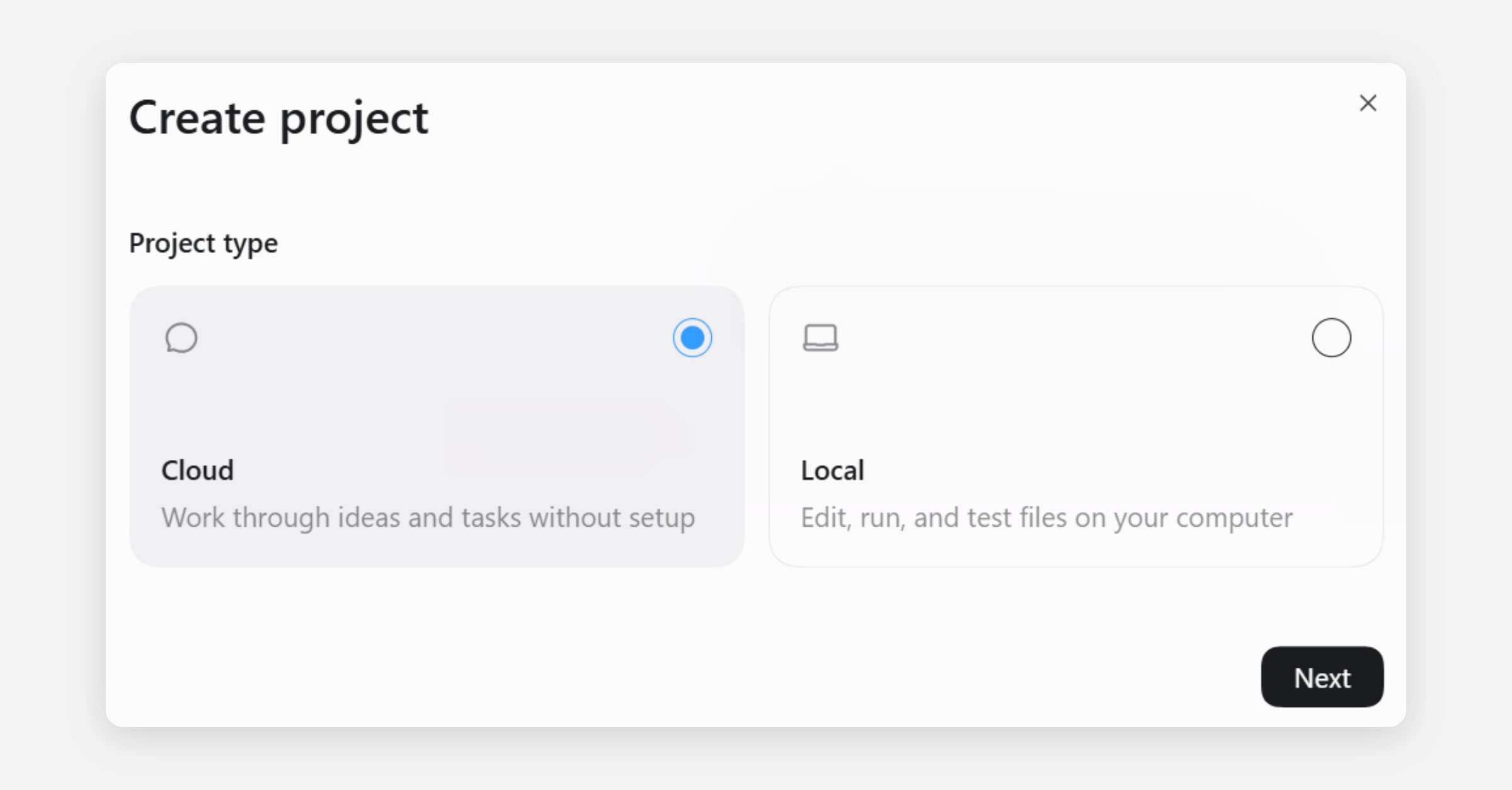 Create project dialog with Cloud and Local project type options