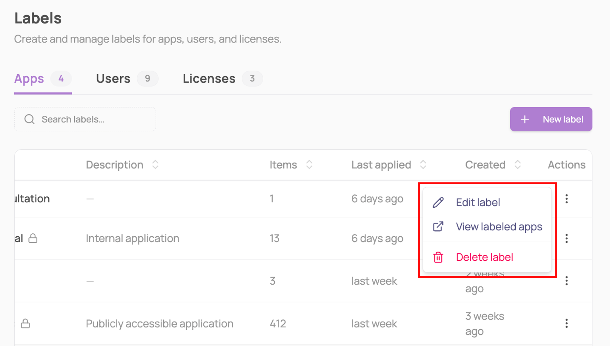 Labels page showing app labels table with an actions menu open