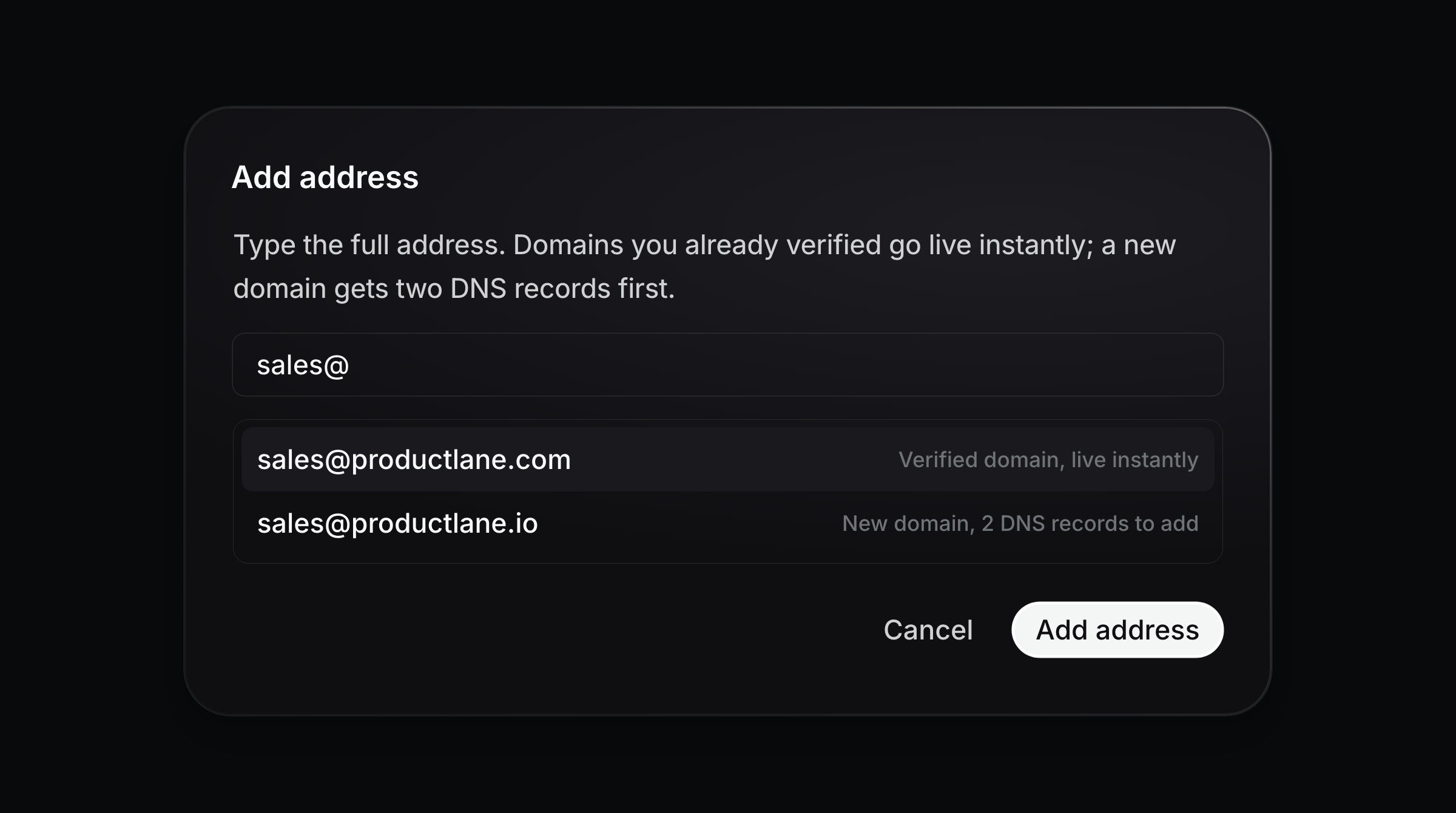 Add address dialog with domain autocomplete suggestions