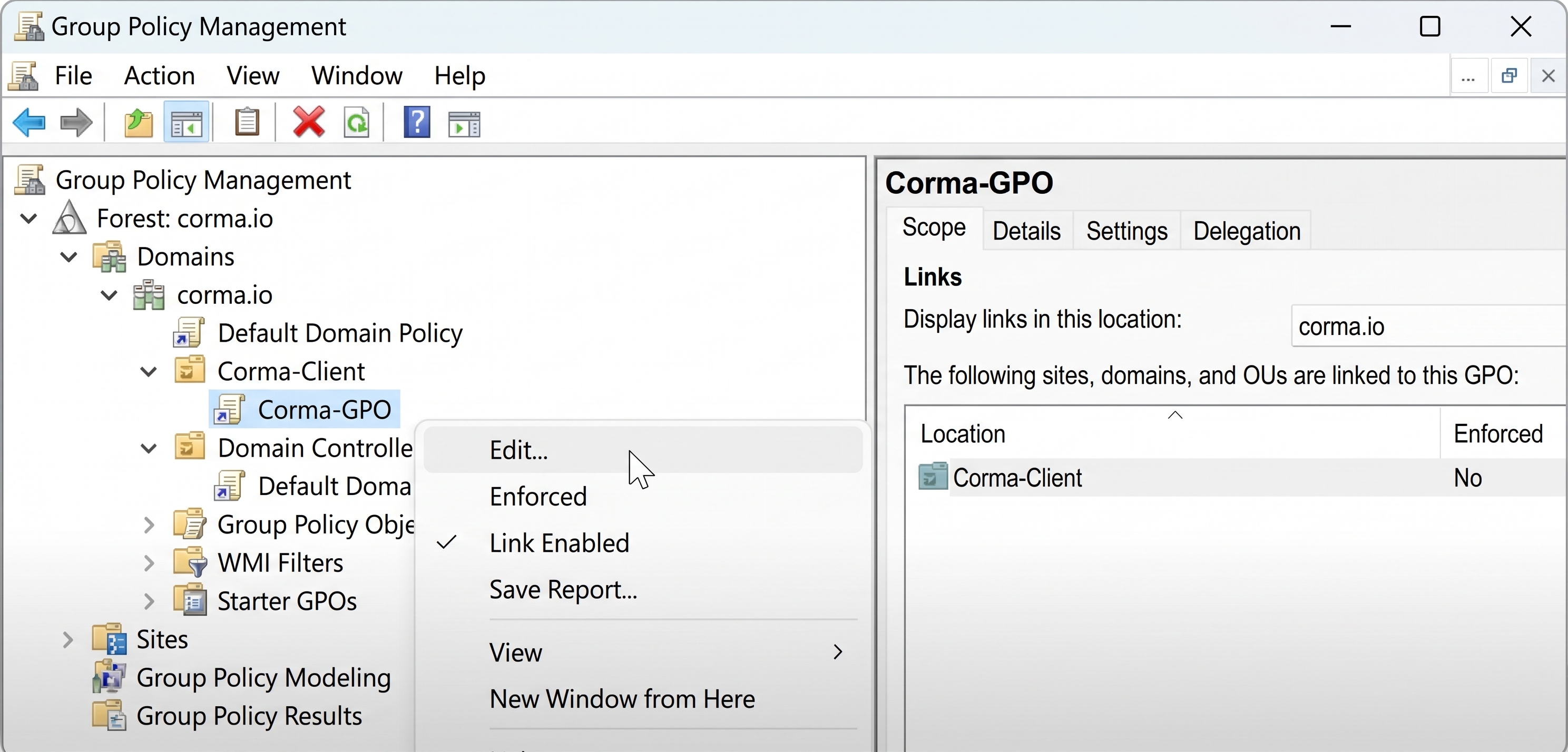 Group Policy Management console showing Corma-GPO right-click menu