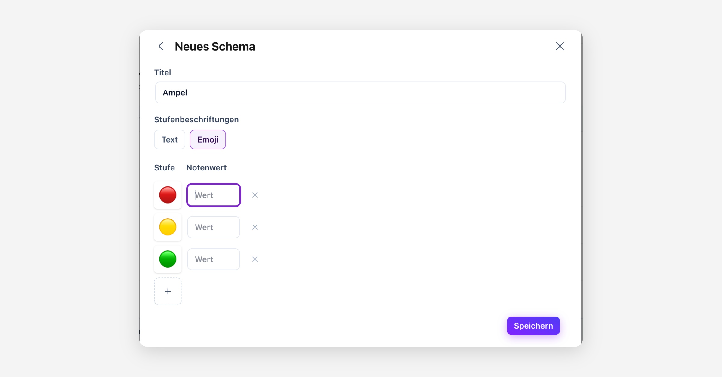 Dialog "Neues Schema" mit Titel Ampel und drei Stufen mit Emoji-Beschriftung