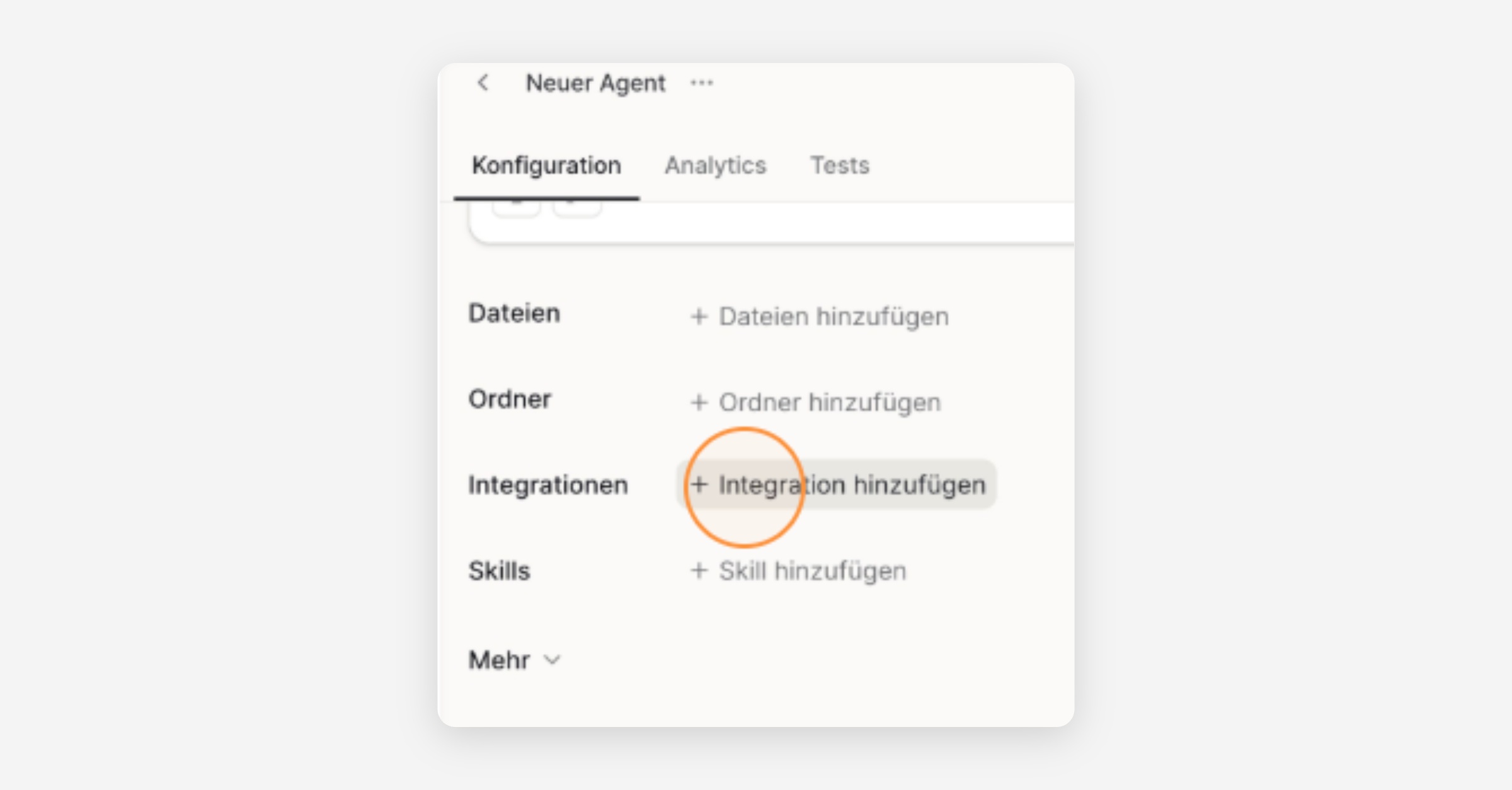 Agent configuration screen with Integration hinzufügen highlighted