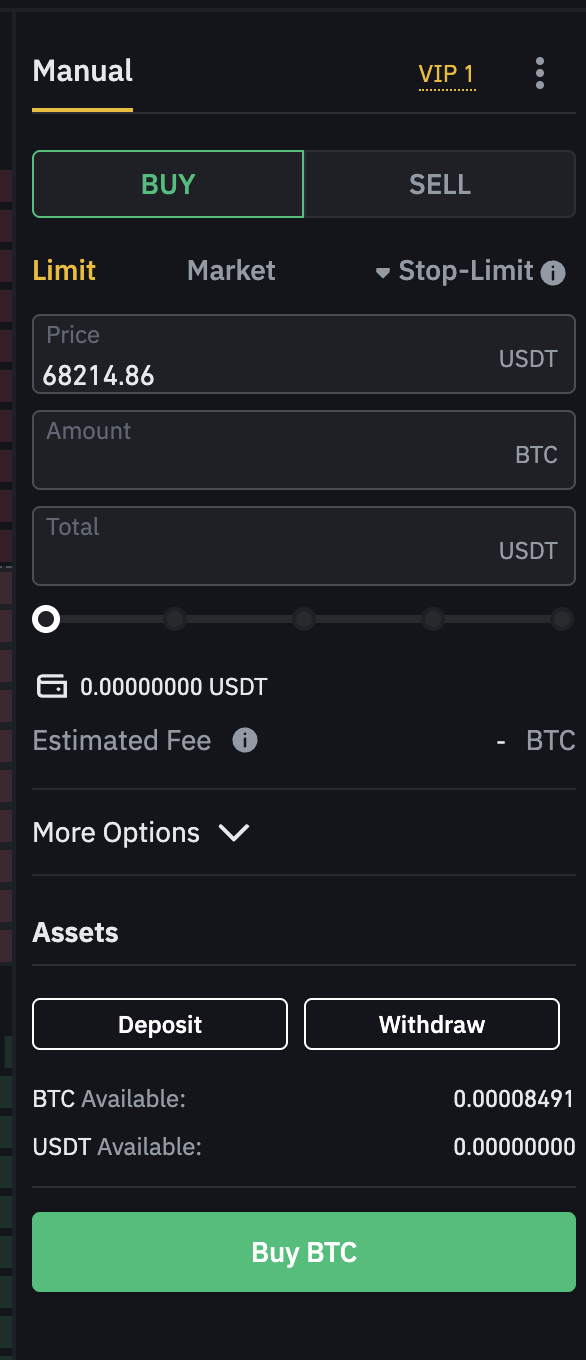 Example Binance Spot Trade screen.