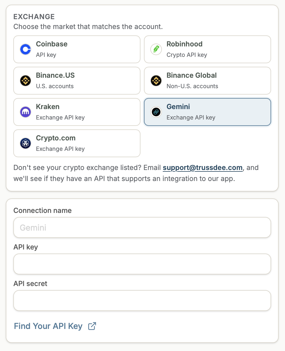 Trussdee Gemini connection drawer for entering the API key and API secret.