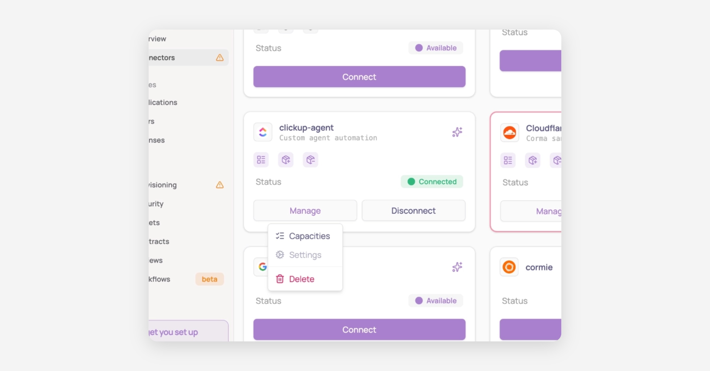 Connectors settings page showing a Manage dropdown menu on the clickup-agent connector card
